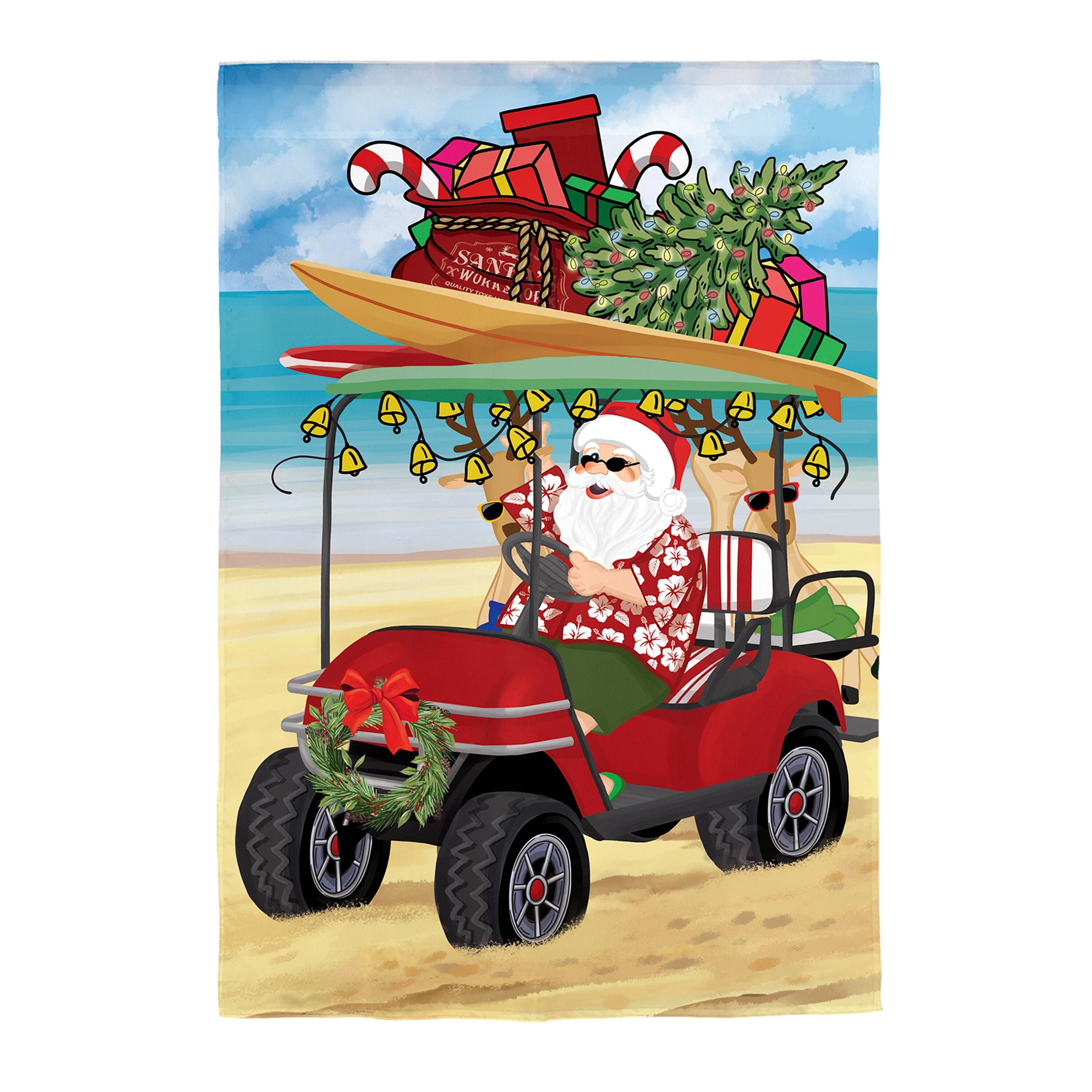 Santa Drive Golf Cart on Beach Applique House Flag