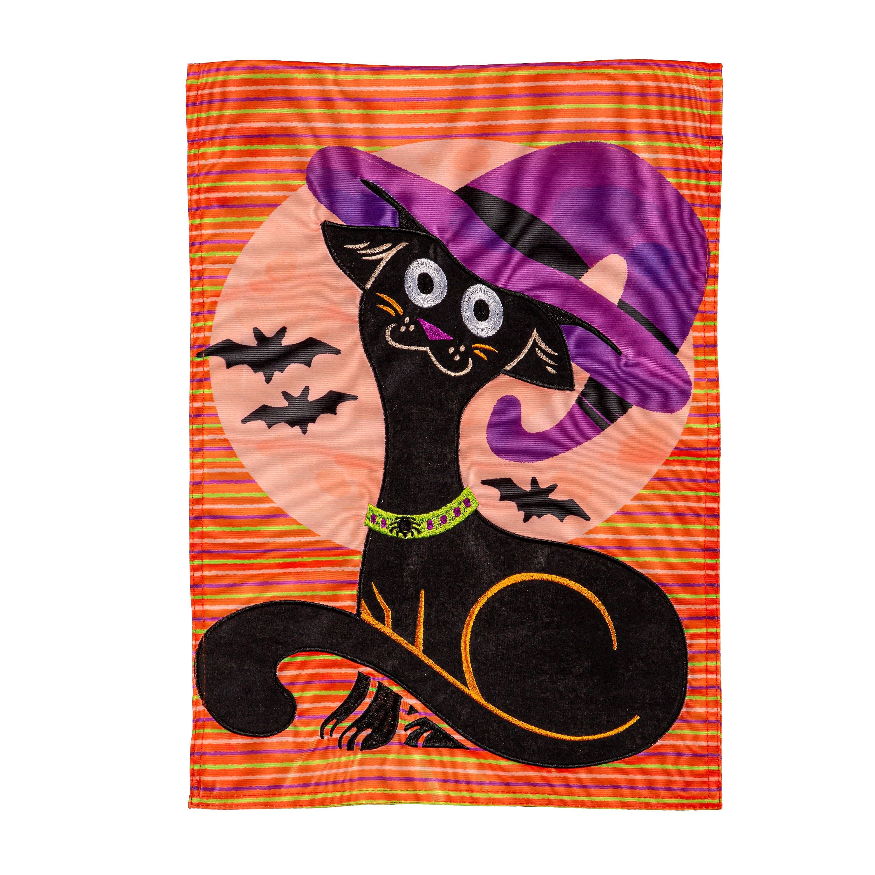 Cat With Witch Hat Applique Garden Flag
