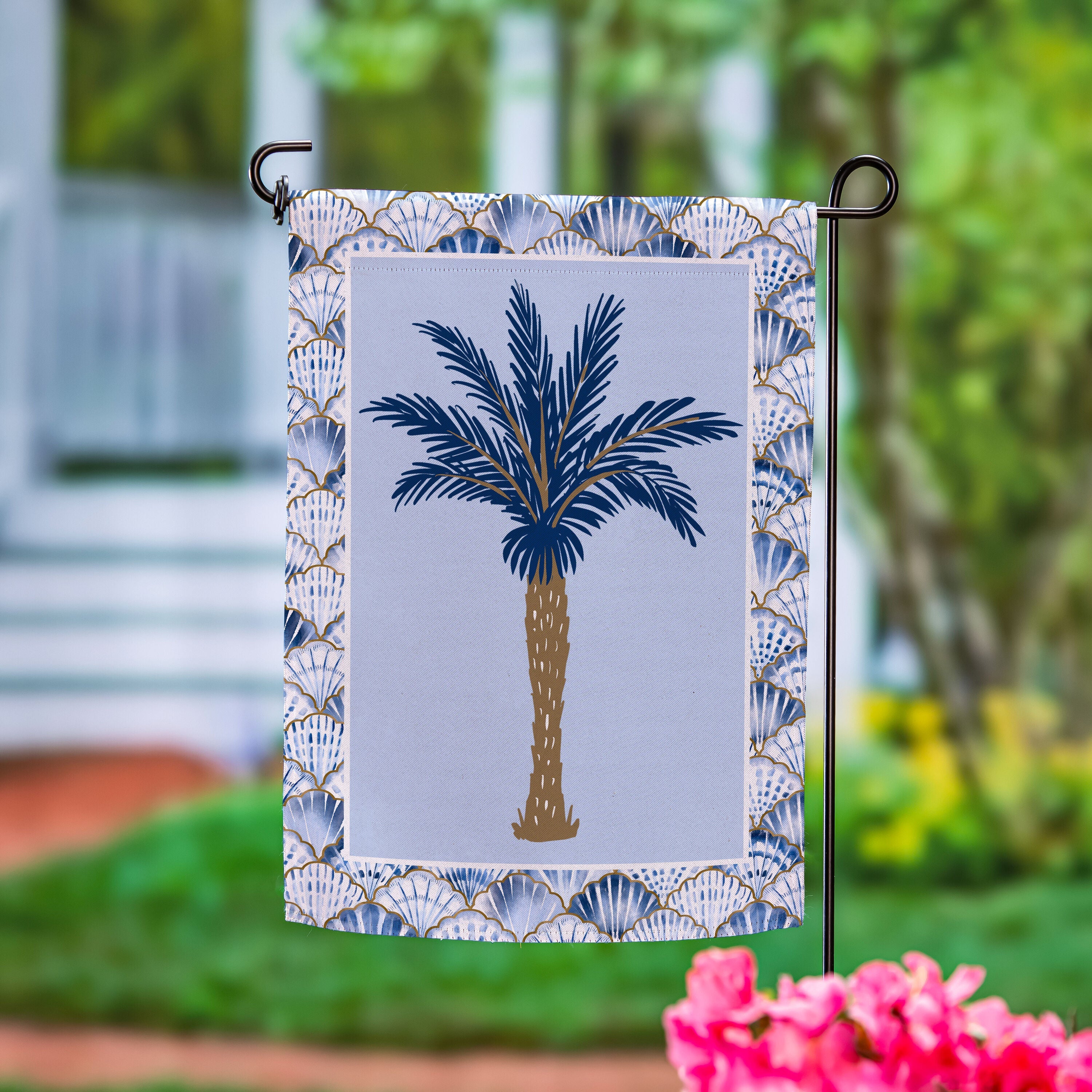 Blue Coastal Palm Trees Double Sided Suede Garden Flag