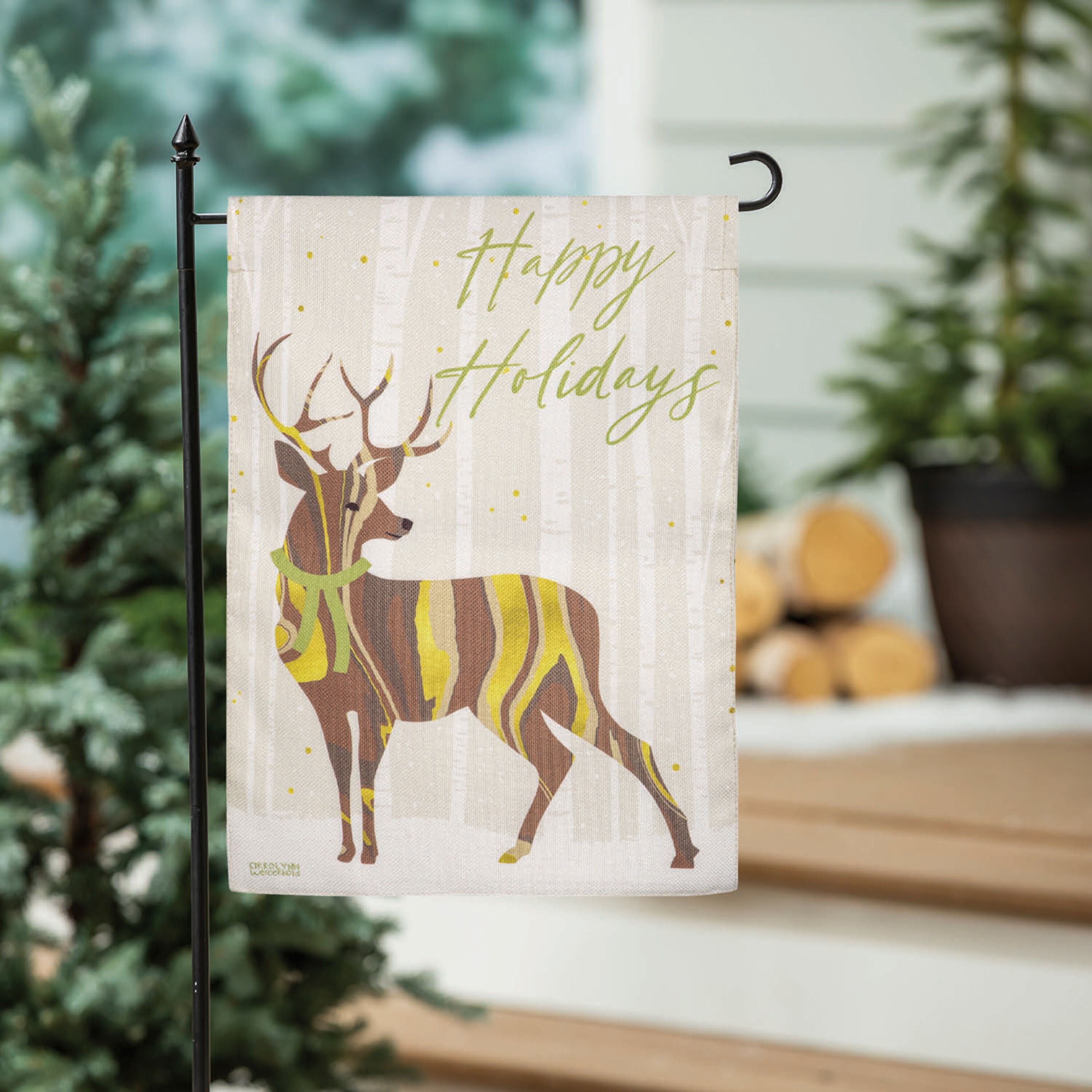 Happy Holidays Deer Burlap Garden Flag