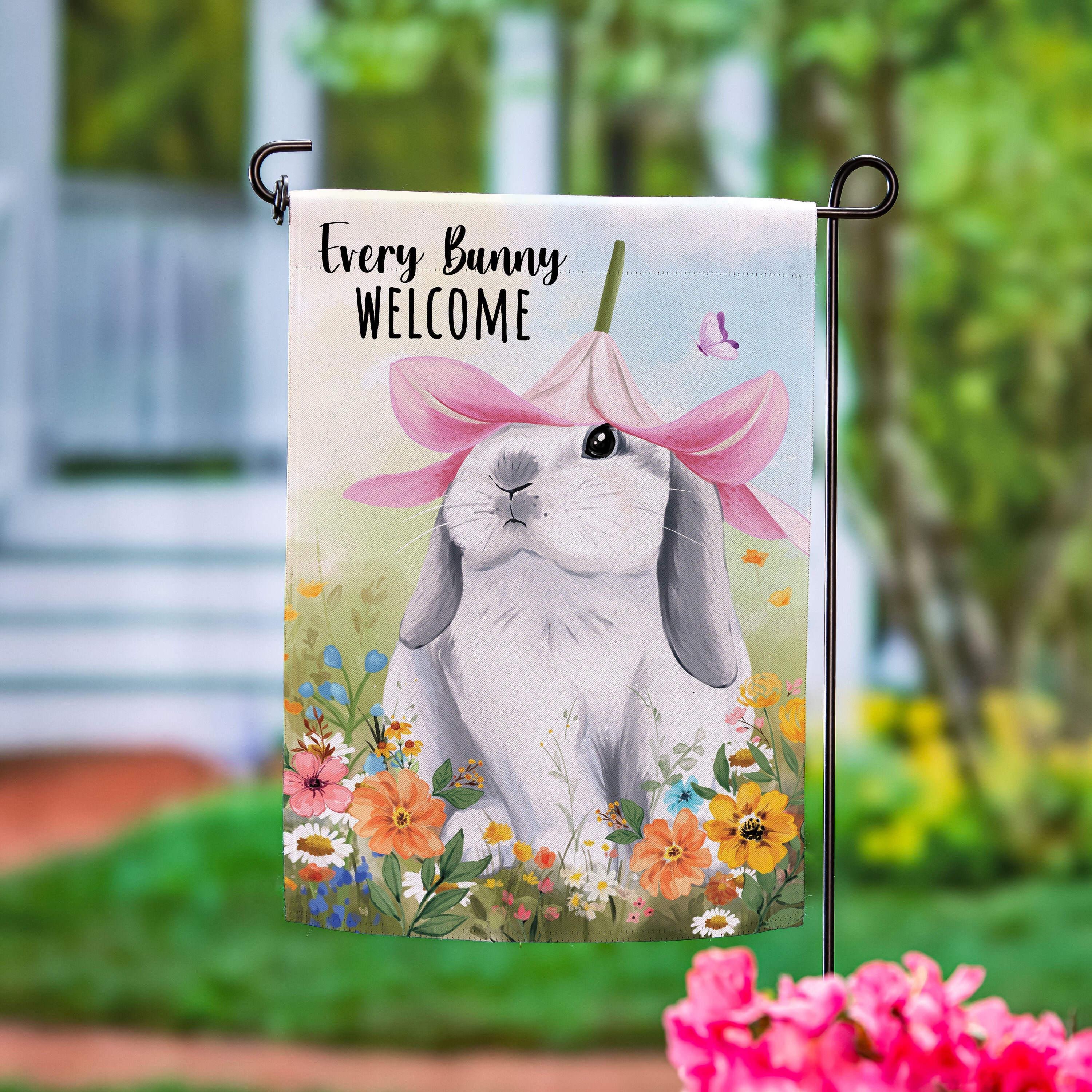 Hop Into Spring Flower Time Suede Garden Flag
