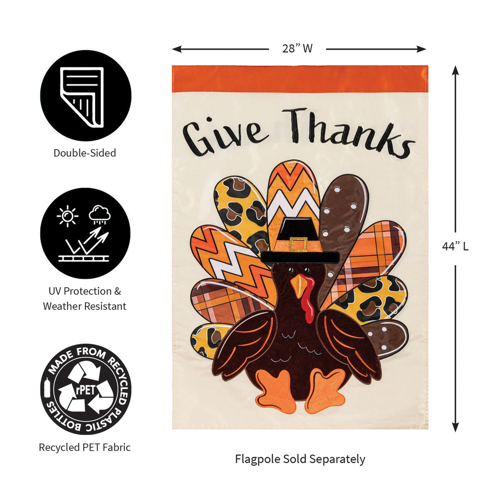 Give Thanks Patterned Turkey Applique House Flag