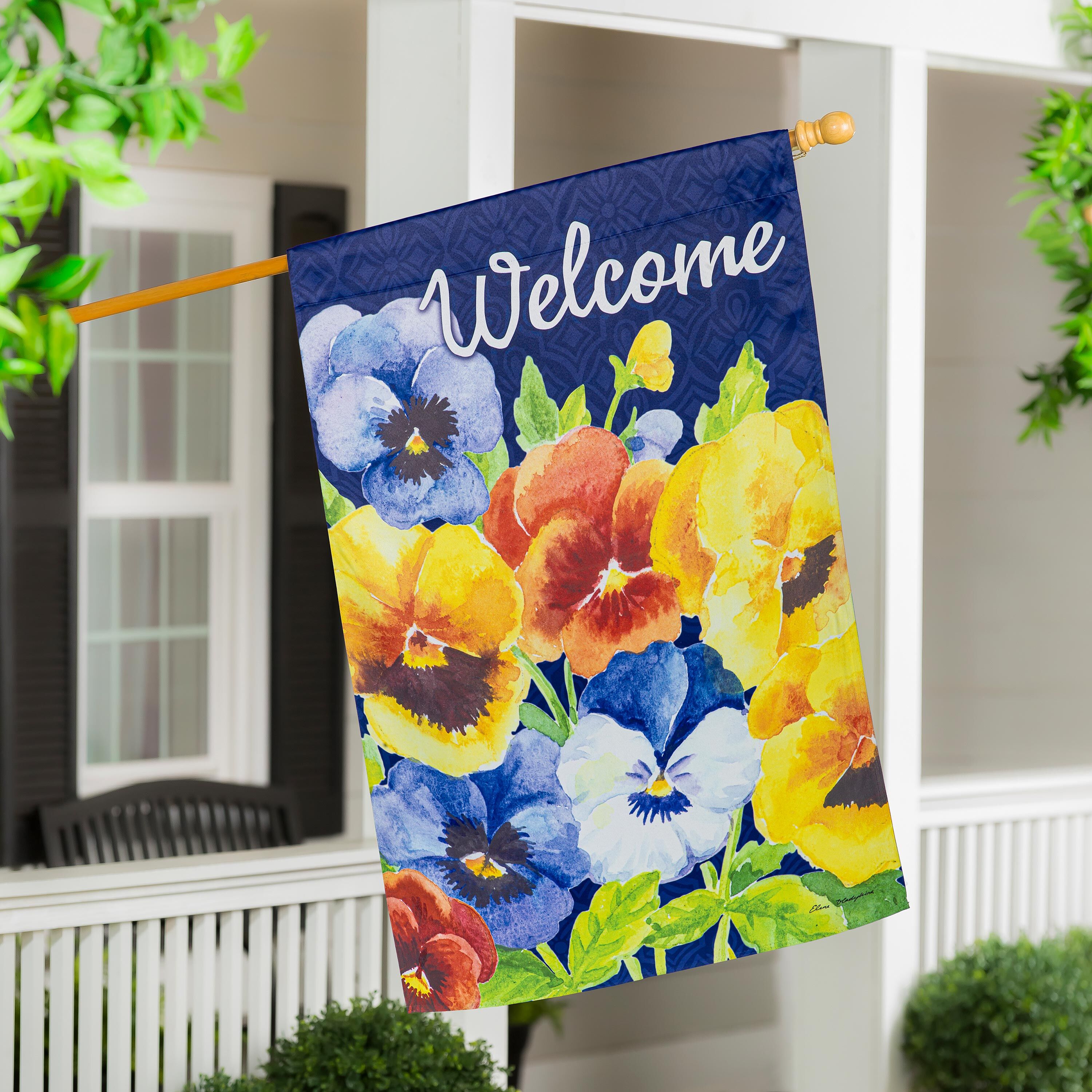 Welcome Pansies Suede House Flag