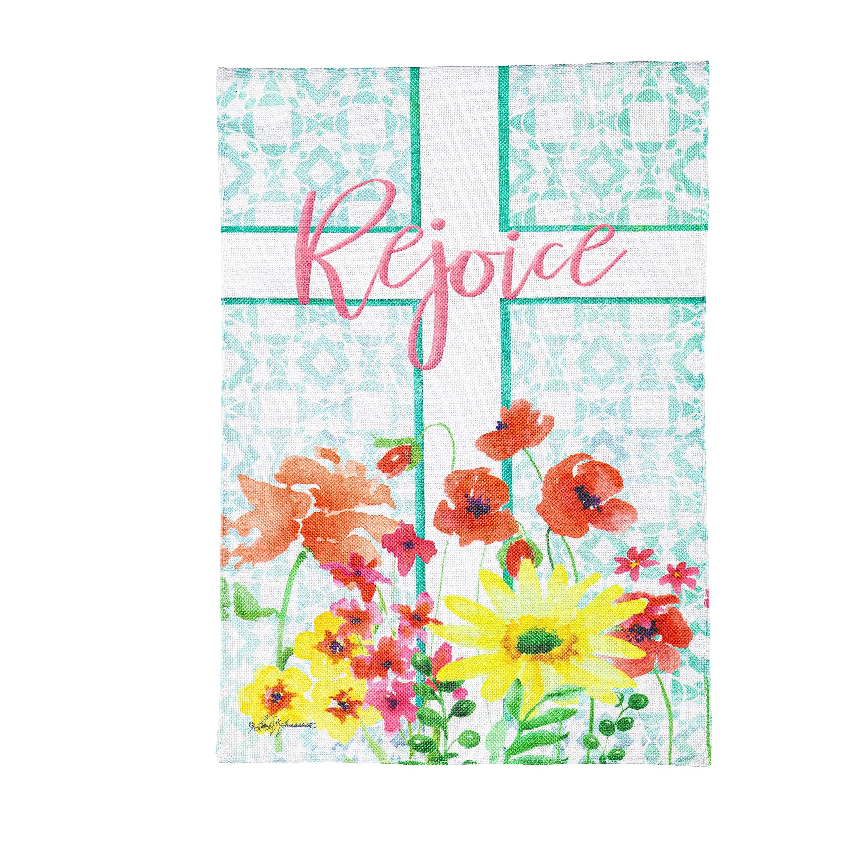 Rejoice Cross Burlap Garden Flag