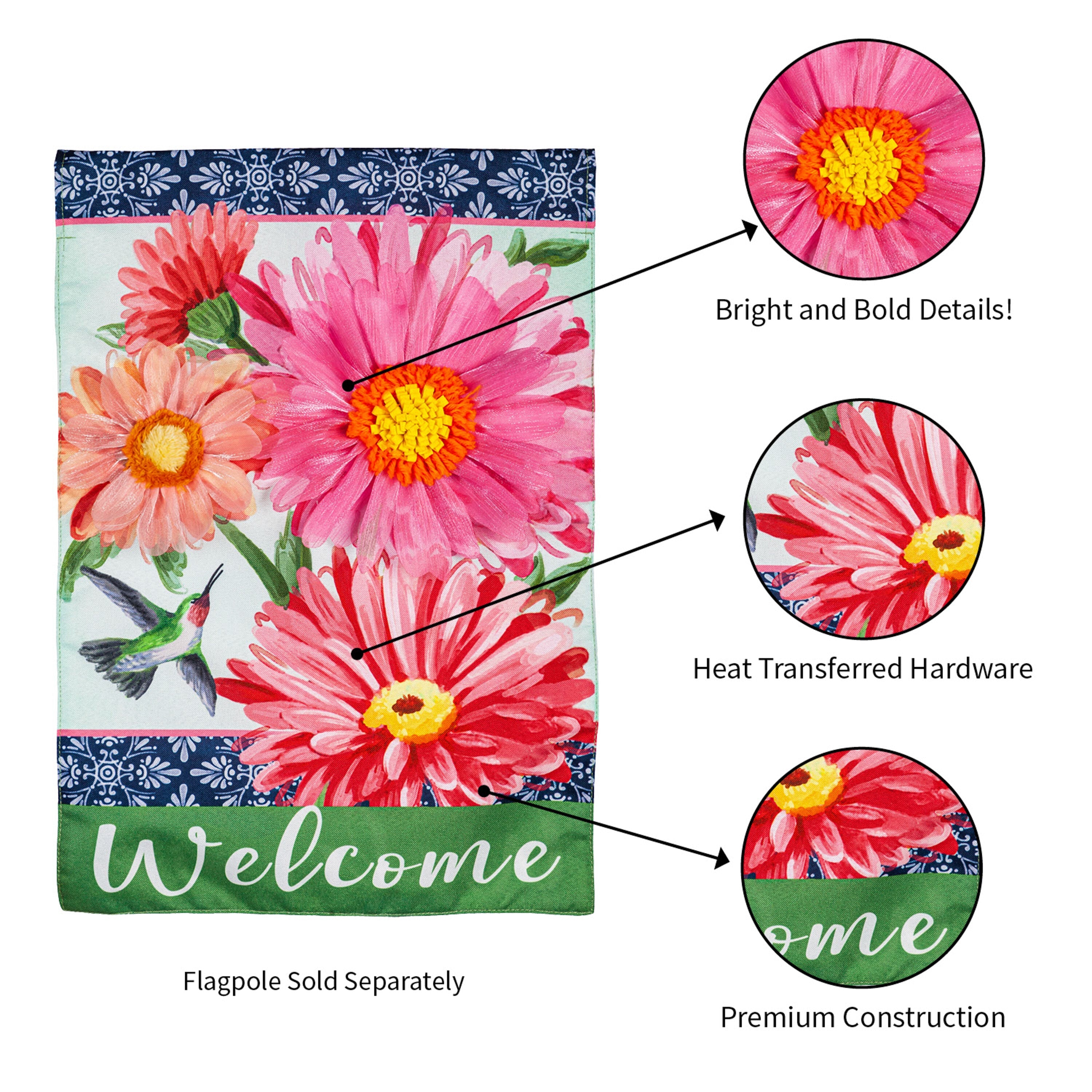 Gerberas and Hummingbird Garden Linen Flag