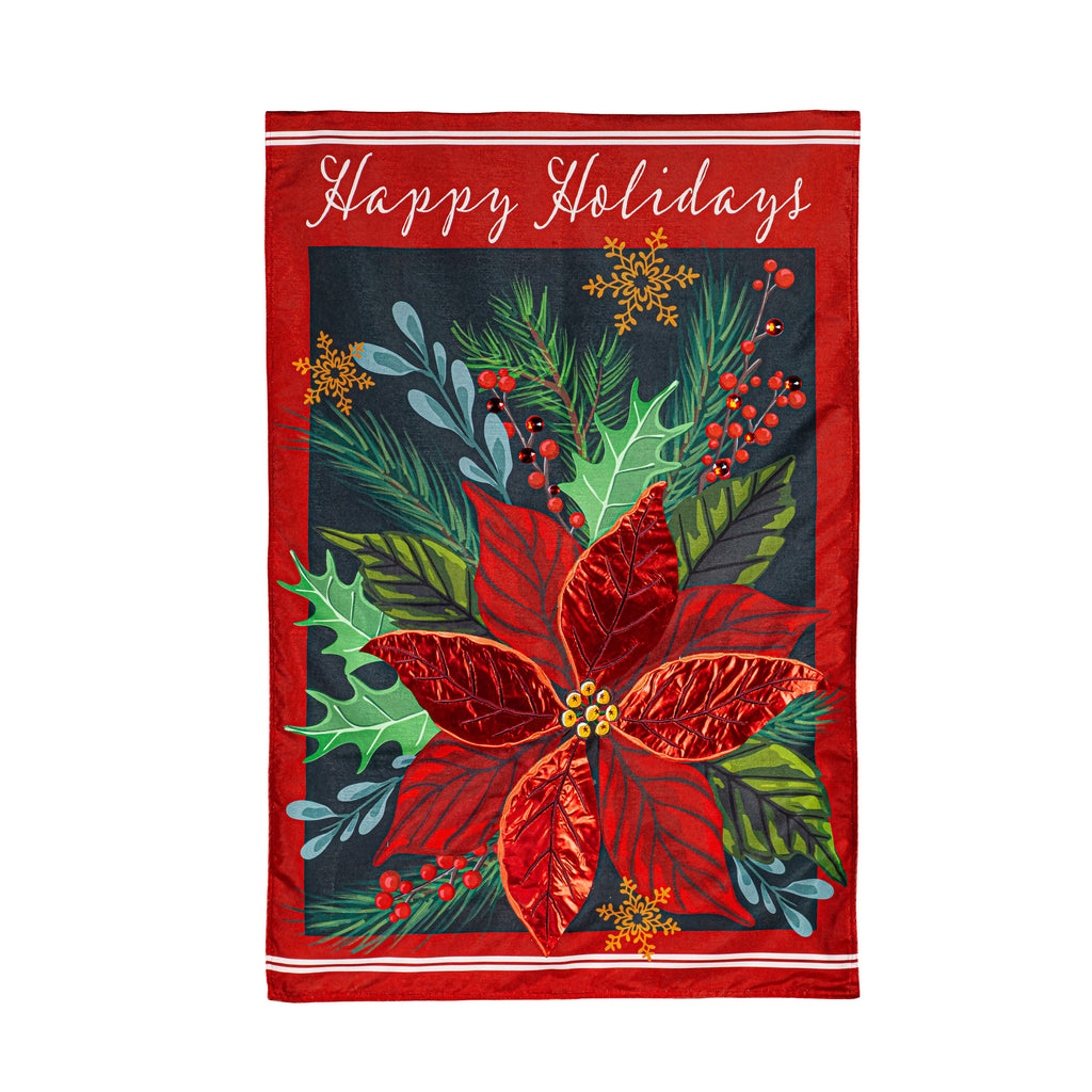 Happy Holidays Poinsettia Estate Size Embellished Burlap Flag