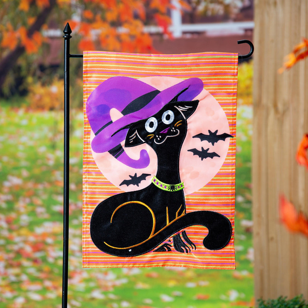Cat With Witch Hat Applique Garden Flag