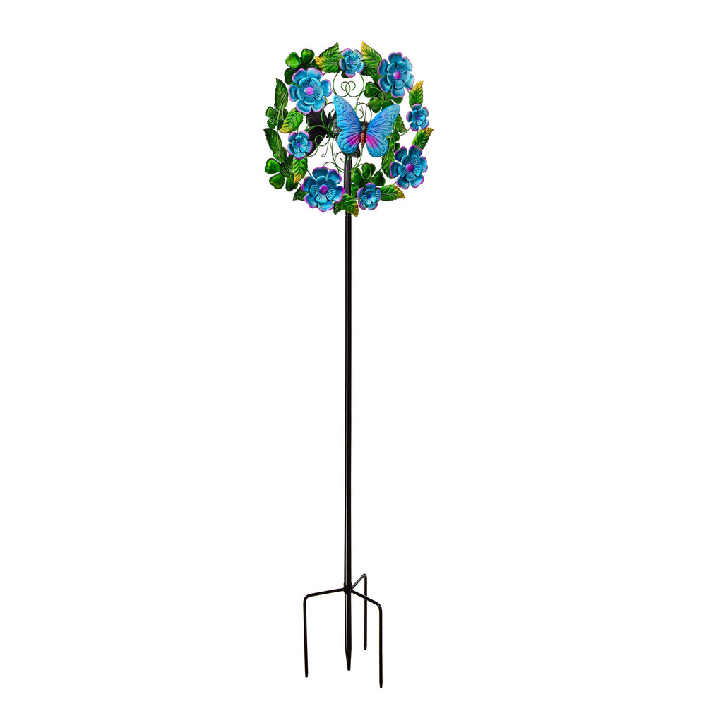 Solar Metal Wind Spinner, Blueflower & Butterfly, 74"H