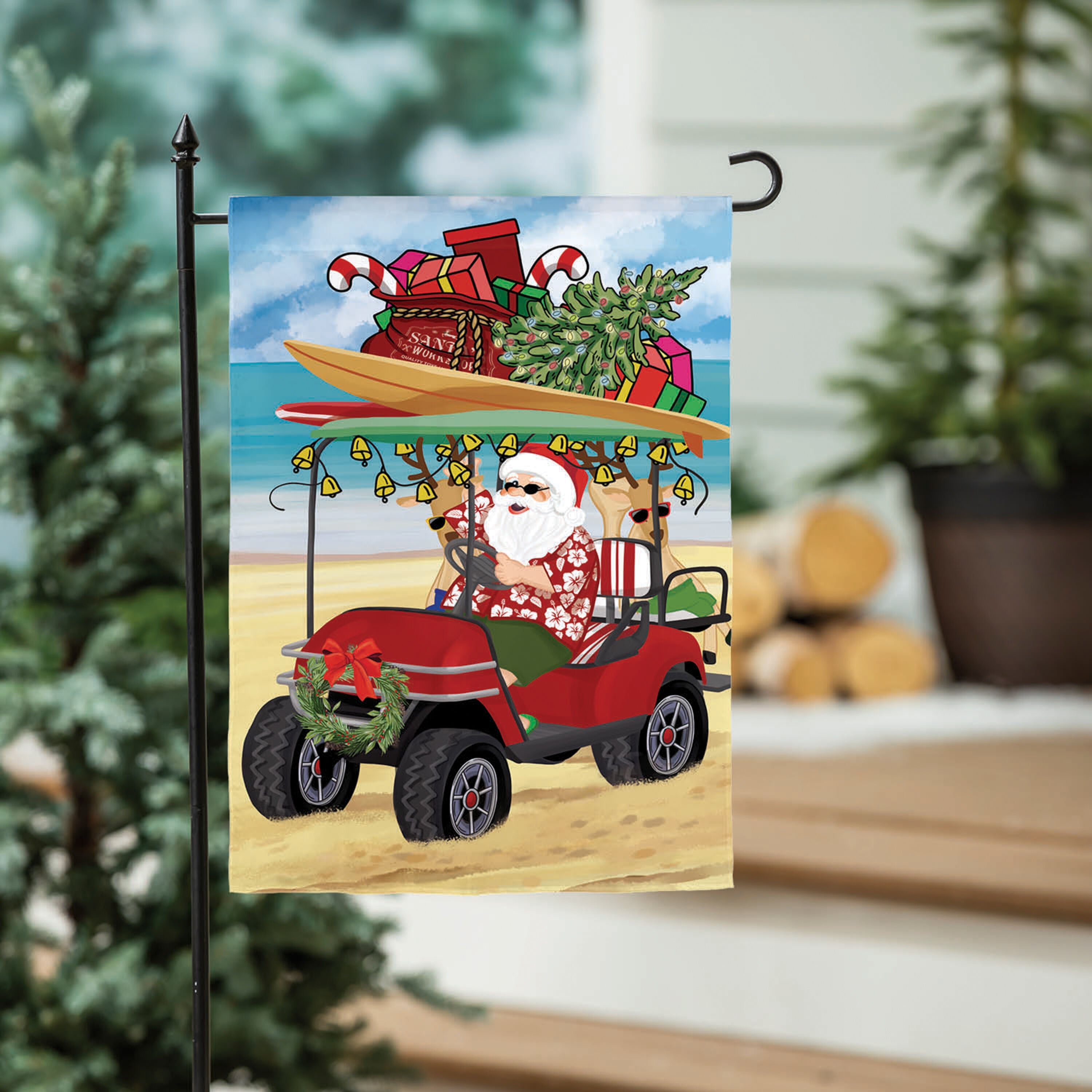 Santa Drive Golf Cart on Beach Applique Garden Flag