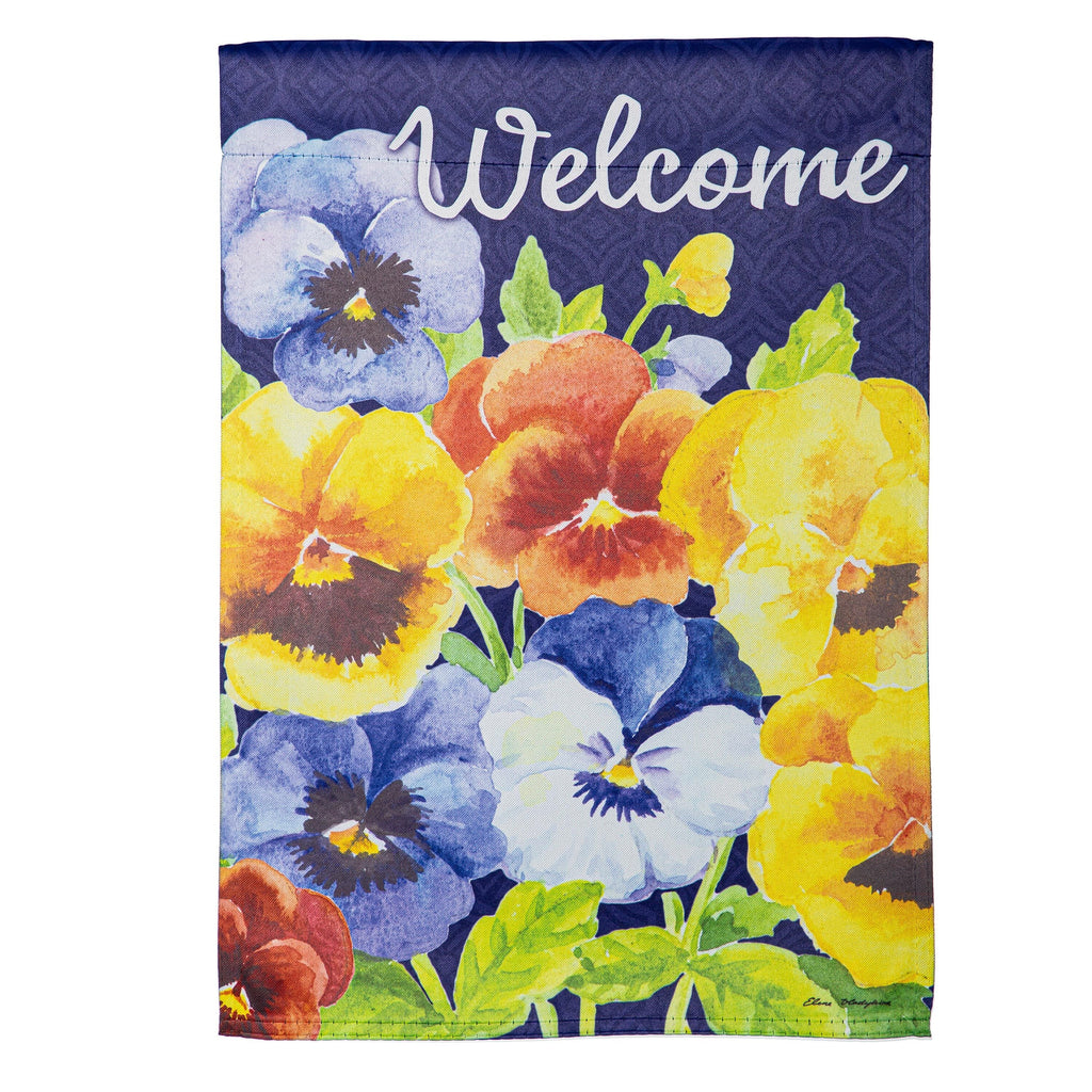 Welcome Pansies Suede Garden Flag