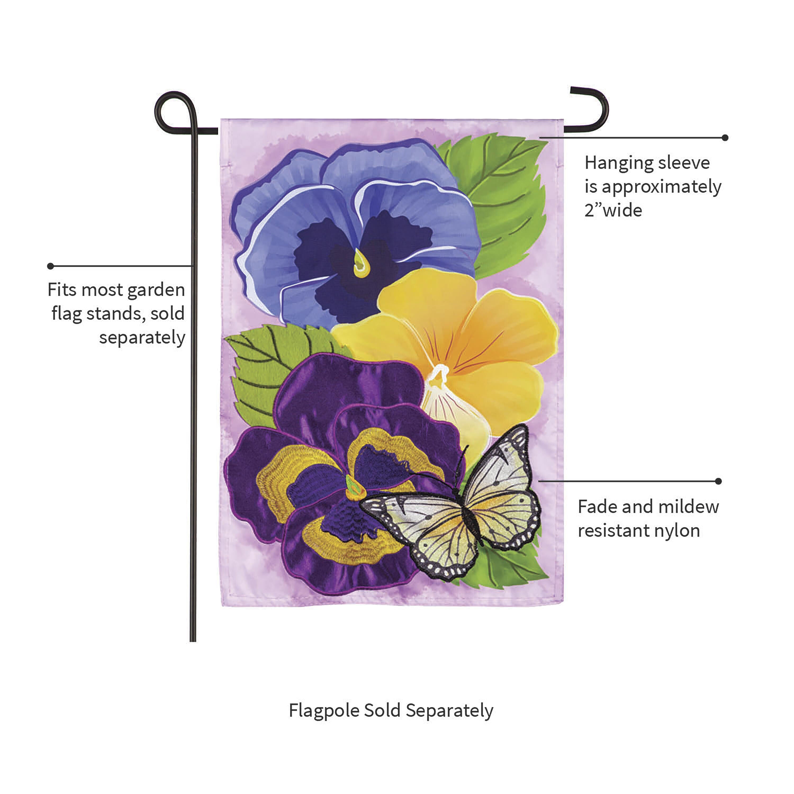 Pansy & Butterfly Applique Garden Flag