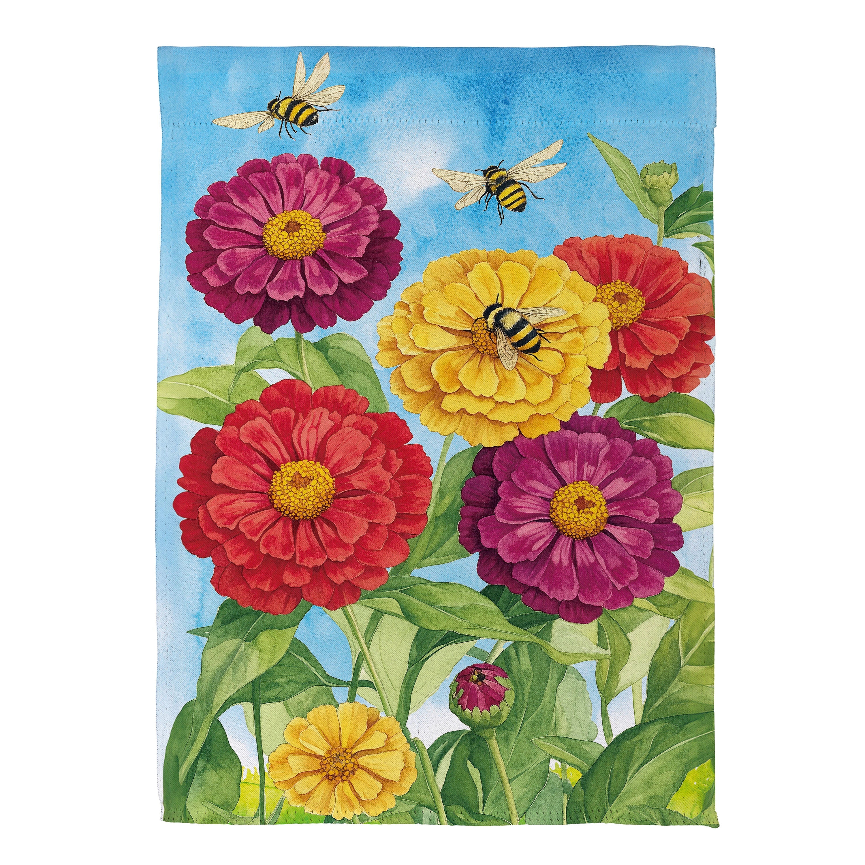 Multicolor Zinnias & Bees Suede Garden Flag