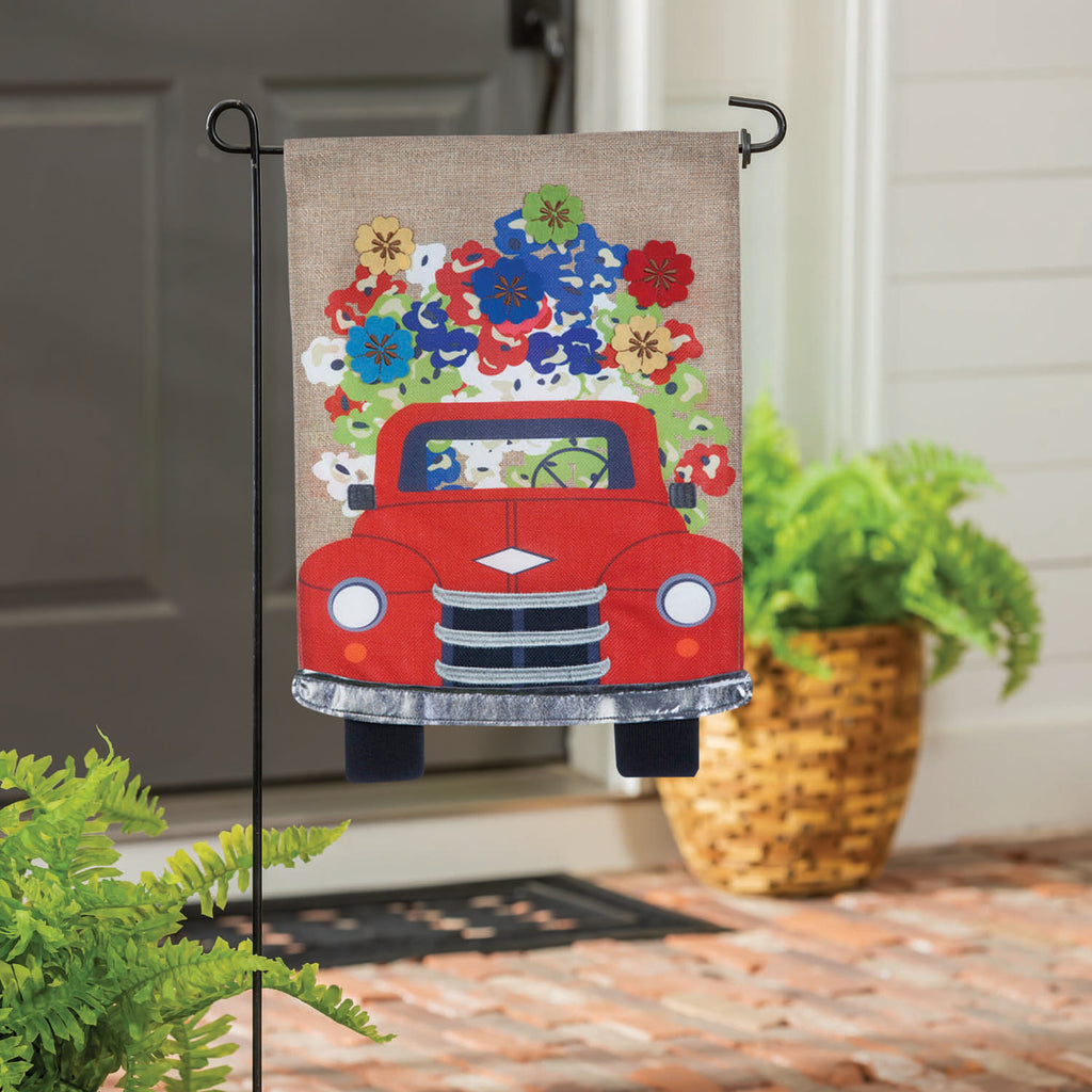 Burlap garden flag, Red Truck Flowers