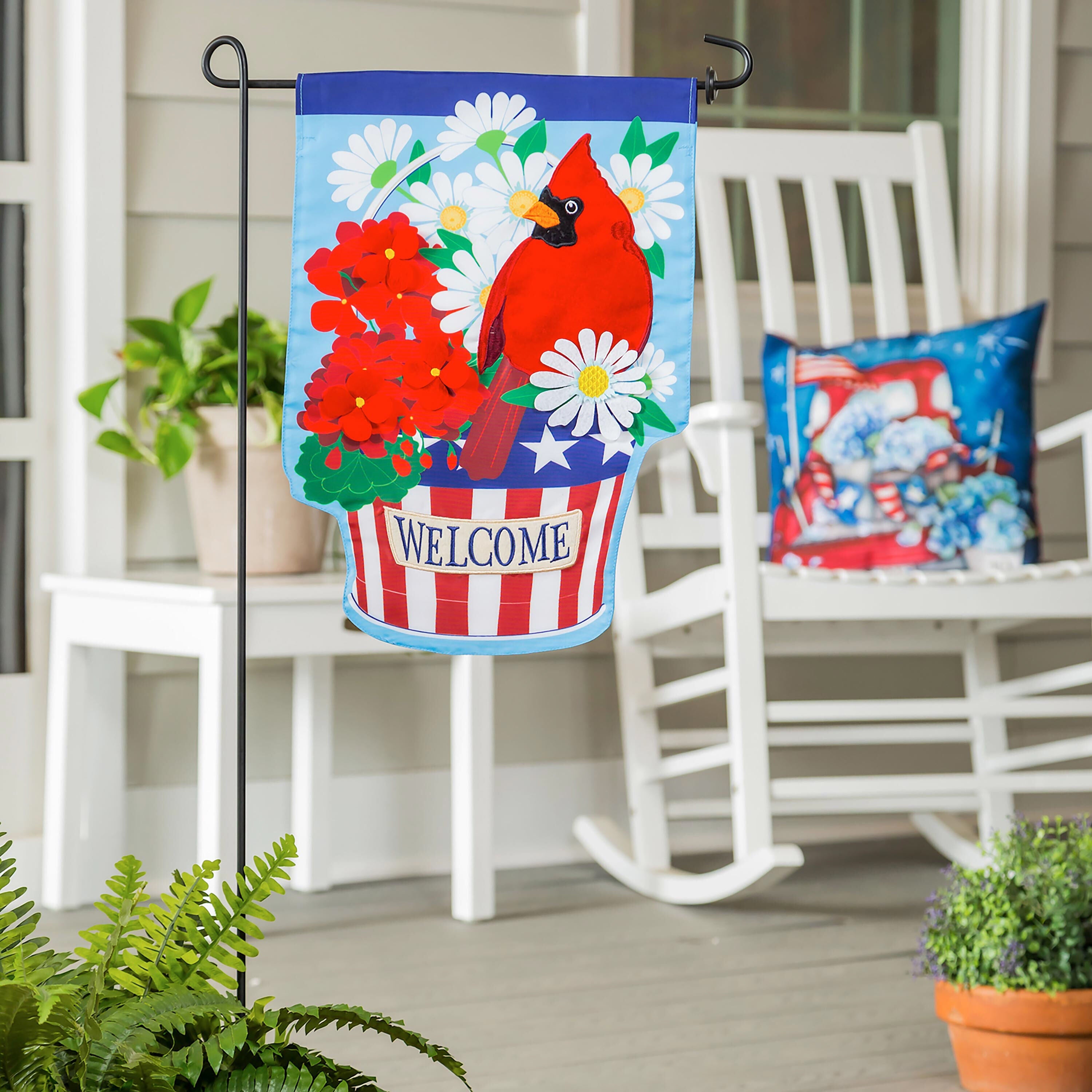 Patriotic Cardinal and Flowers Garden Applique Flag