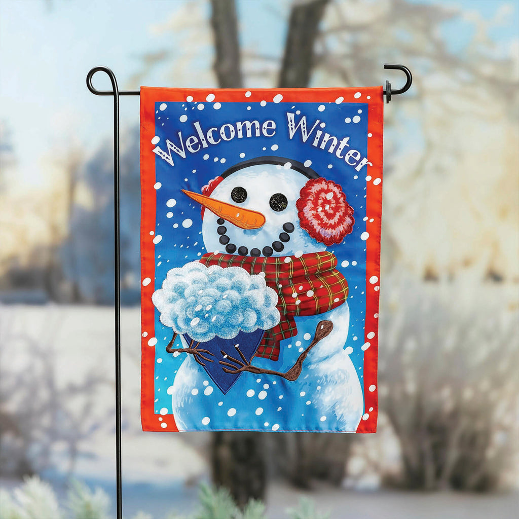 Snowman with Bouquet Applique Garden Flag