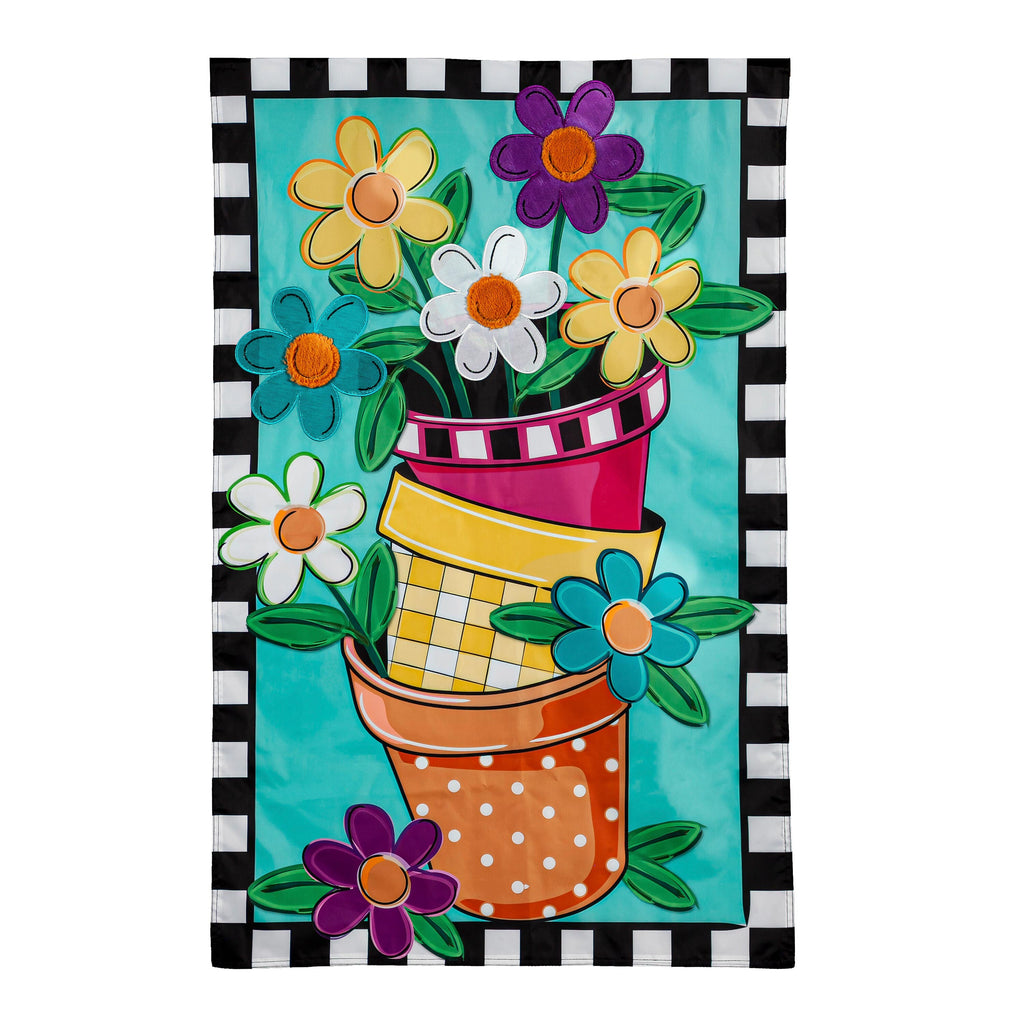 Stacked Spring Flower Pots House Applique Flag