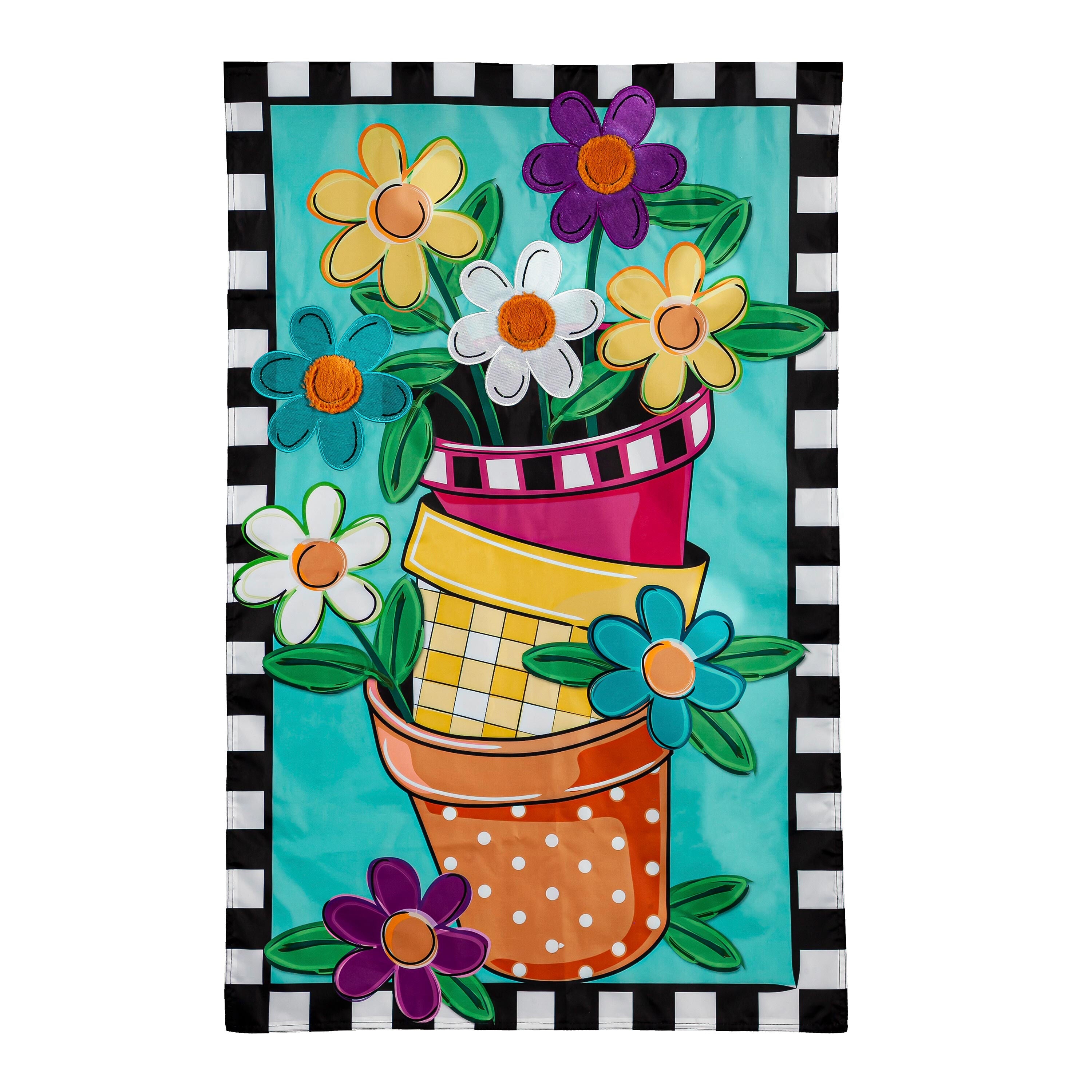 Stacked Spring Flower Pots House Applique Flag