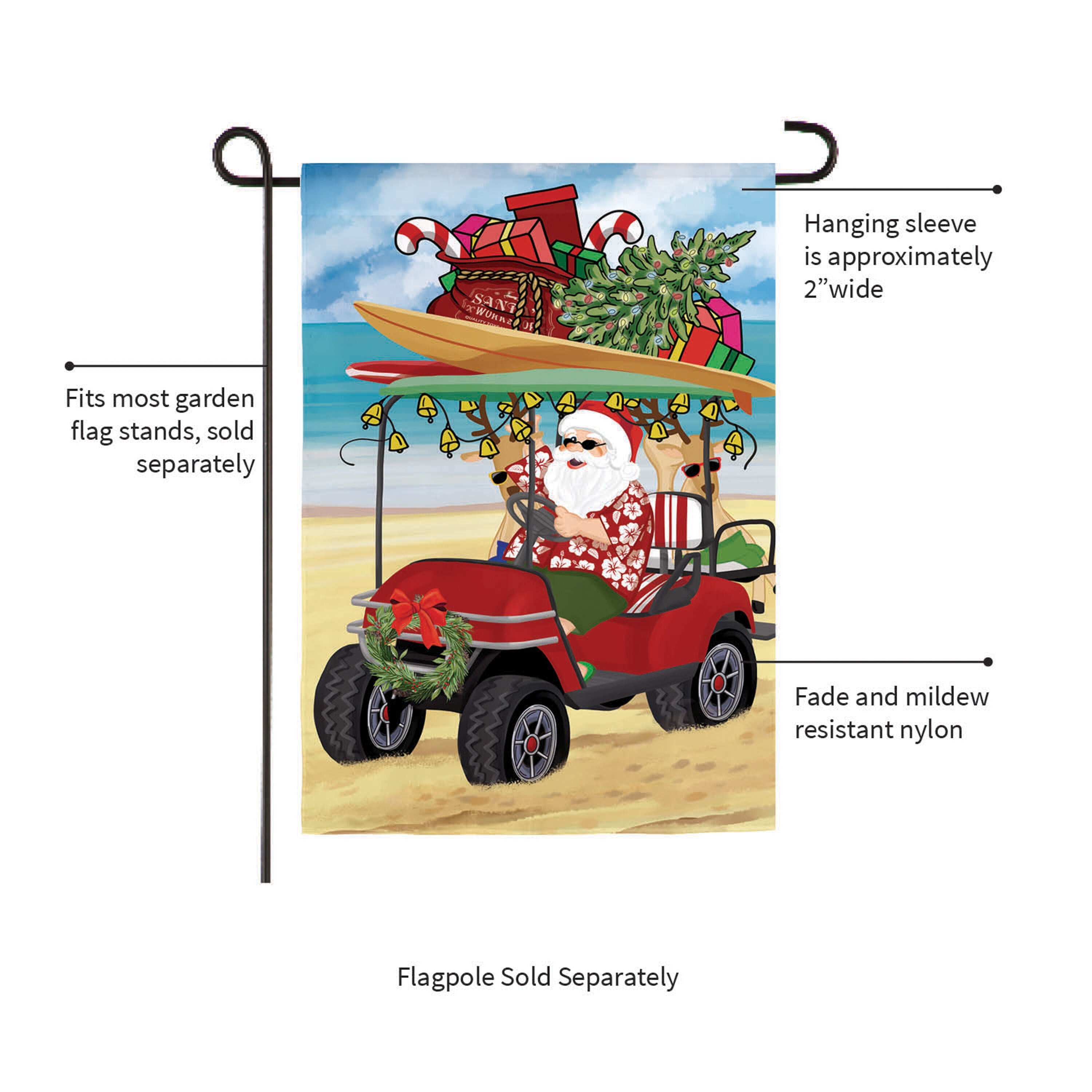 Santa Drive Golf Cart on Beach Applique Garden Flag