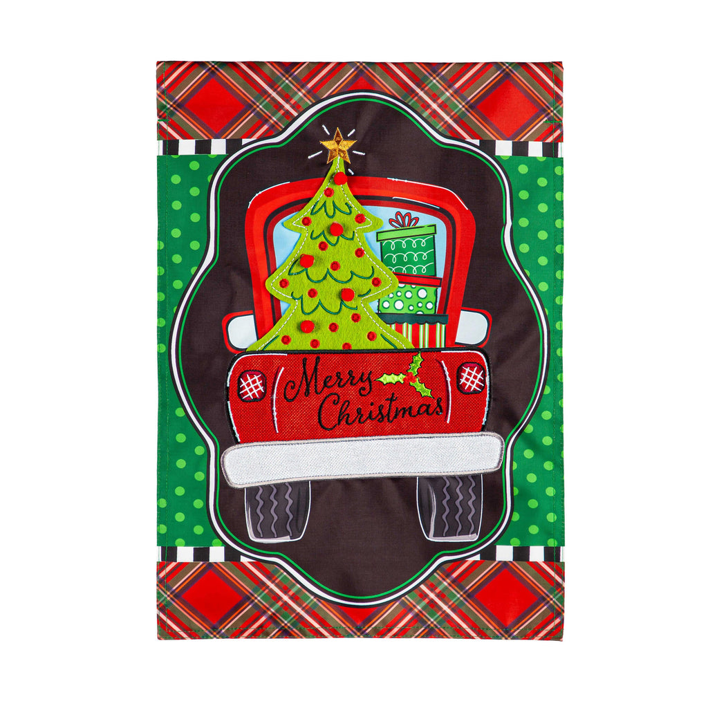Patterned Christmas Truck Applique Garden Flag