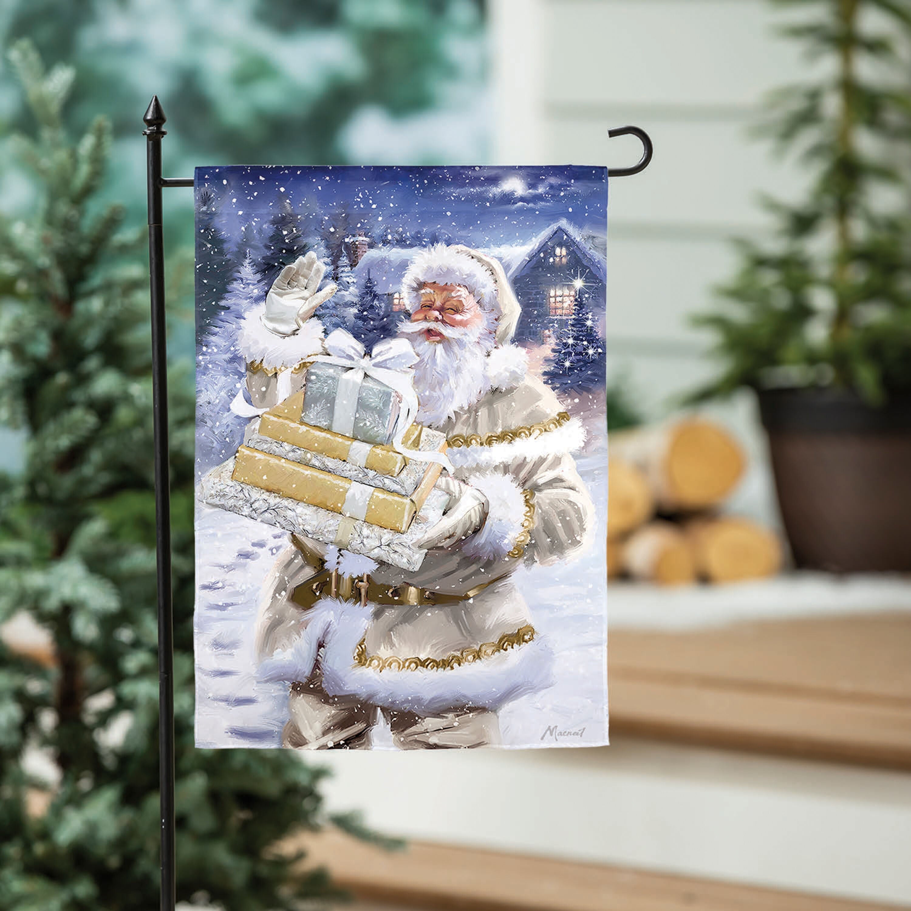 Santa and Presents Suede Garden Flag