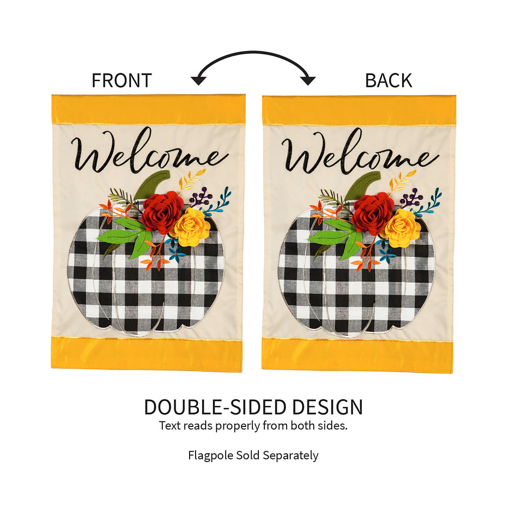 Welcome Floral Plaid Pumpkin Garden Applique Flag