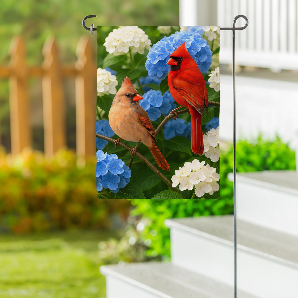 Cardinal Couple Among Hydrangeas Suede Garden Flag