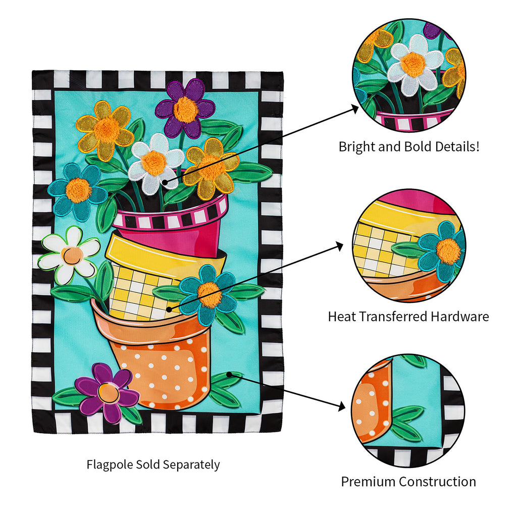 Stacked Spring Flower Pots Garden Applique Flag
