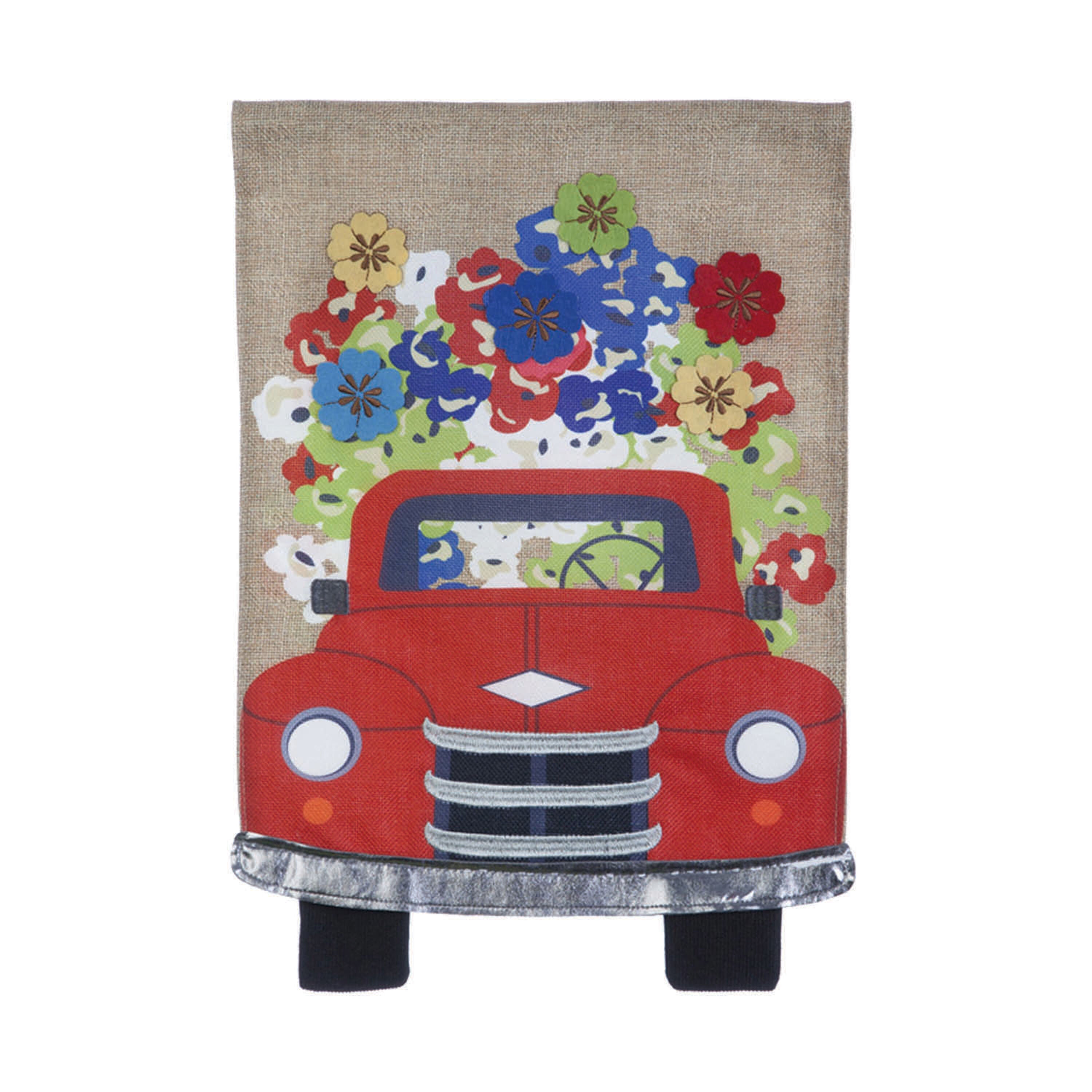 Burlap garden flag, Red Truck Flowers