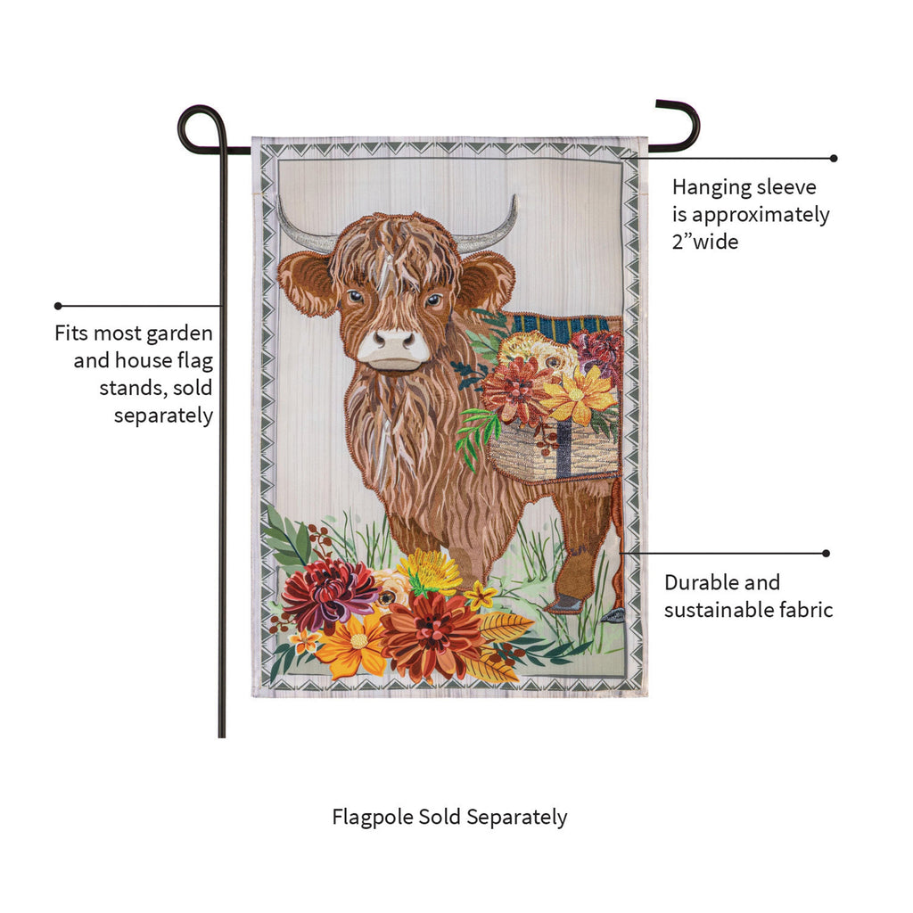 Highland Cow Fall Floral Applique Garden Flag
