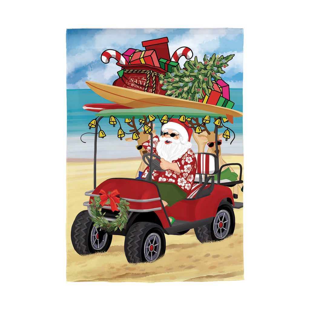 Santa Drive Golf Cart on Beach Applique Garden Flag