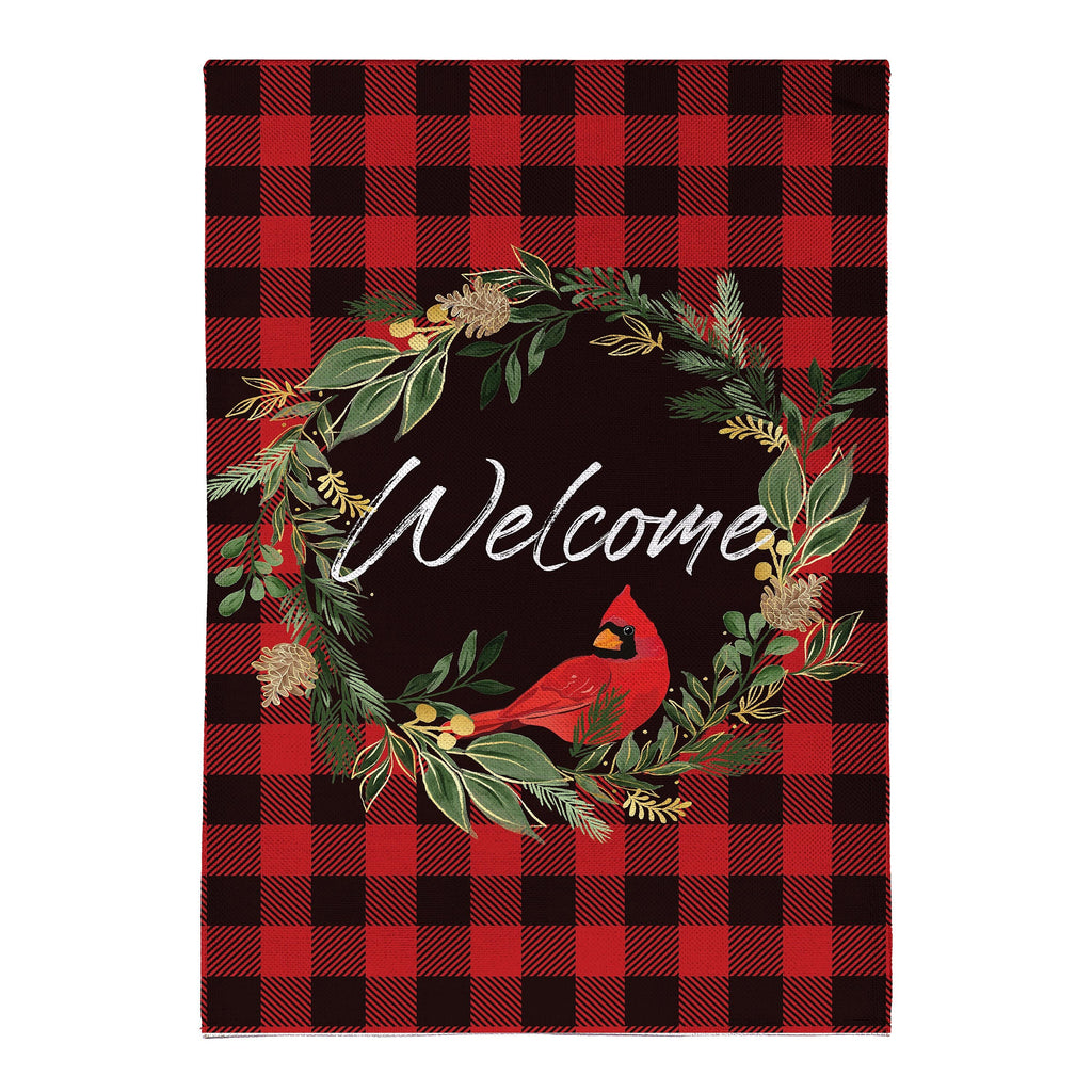 Welcoming Cardinal Wreath Burlap Flag