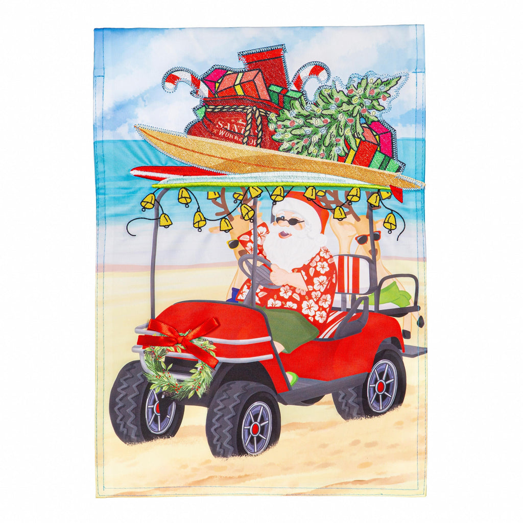 Santa Drive Golf Cart on Beach Applique Garden Flag