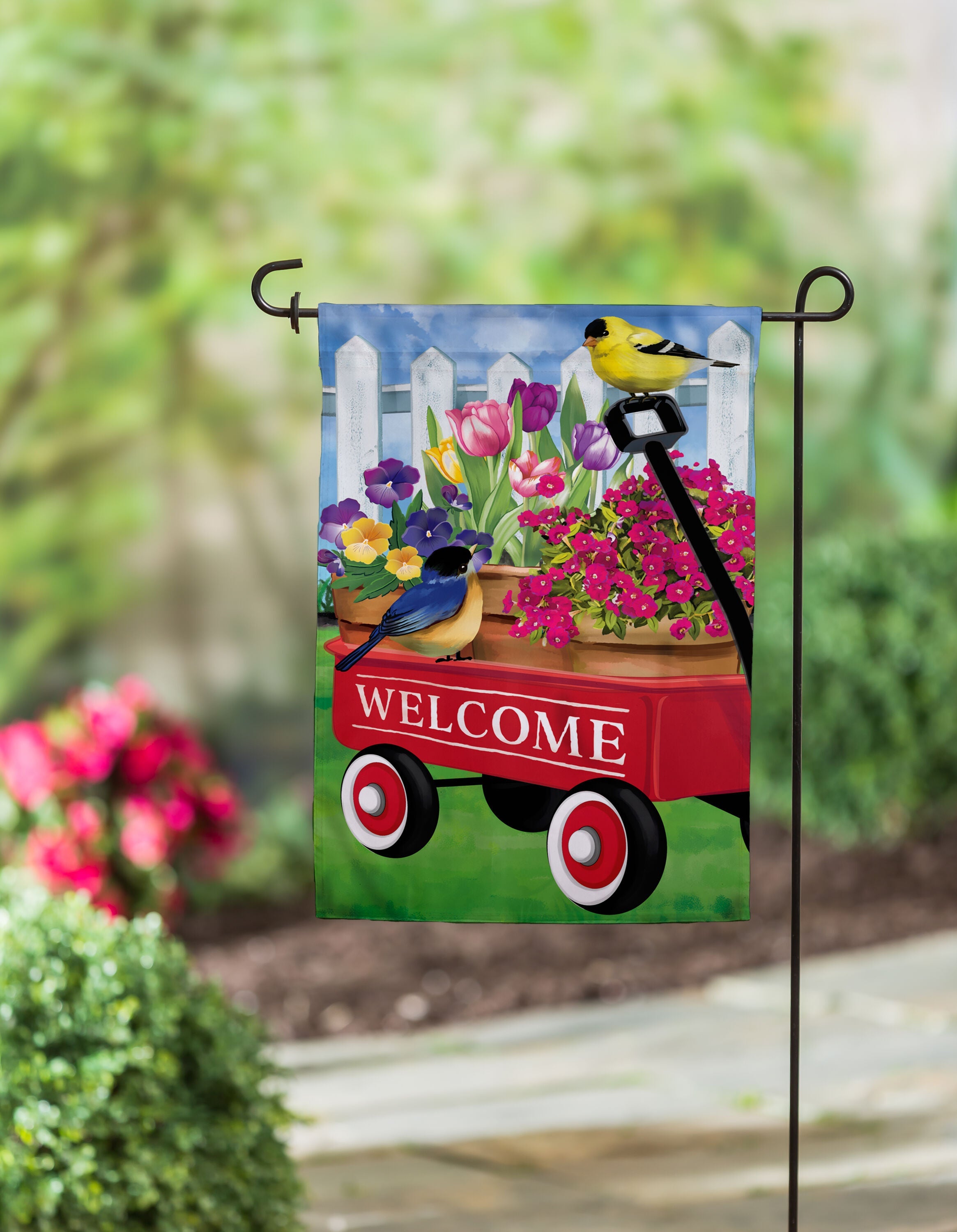 Flower Wagon Burlap Garden Flag