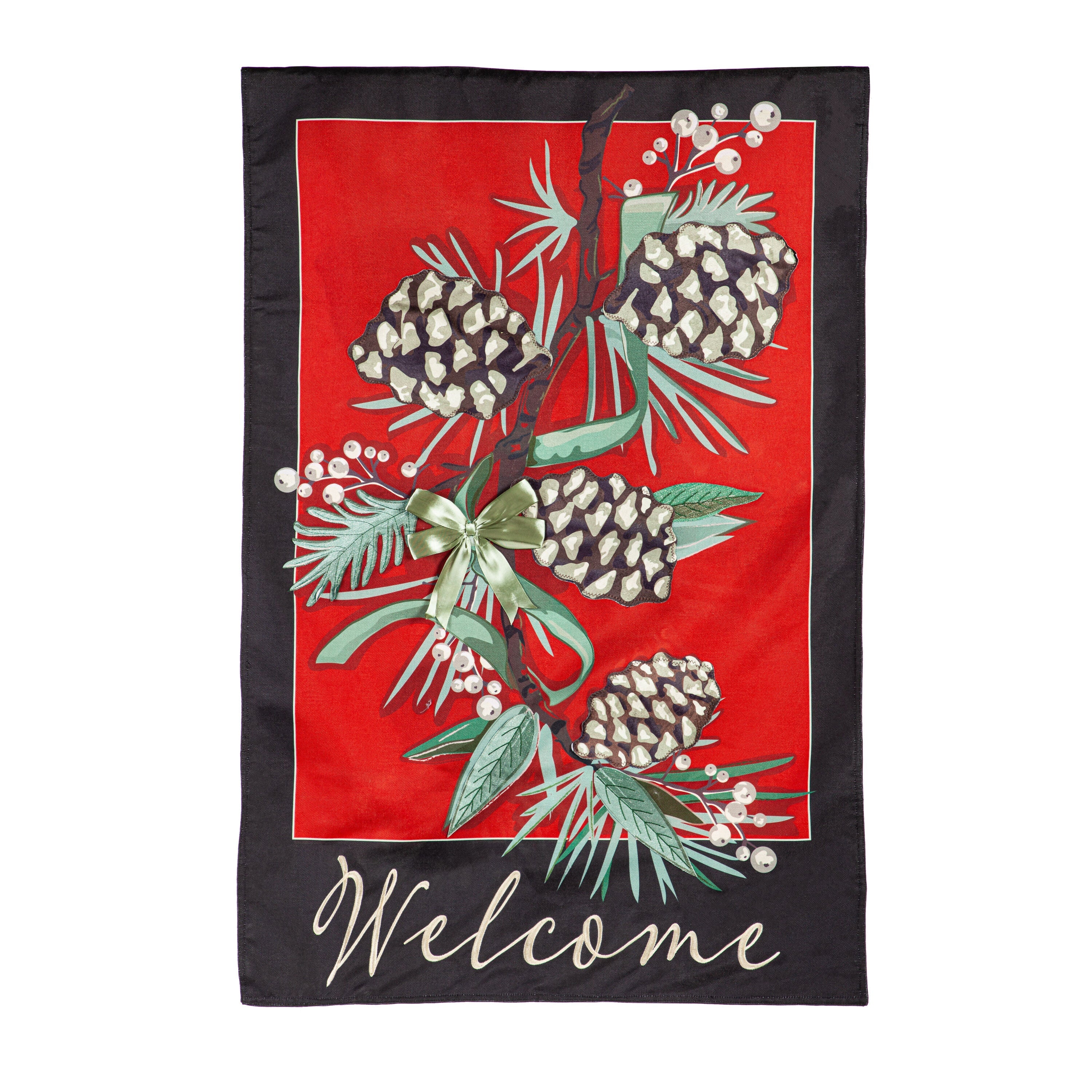 Winter Pine WelcomeEstate Size Embellished Burlap Flag