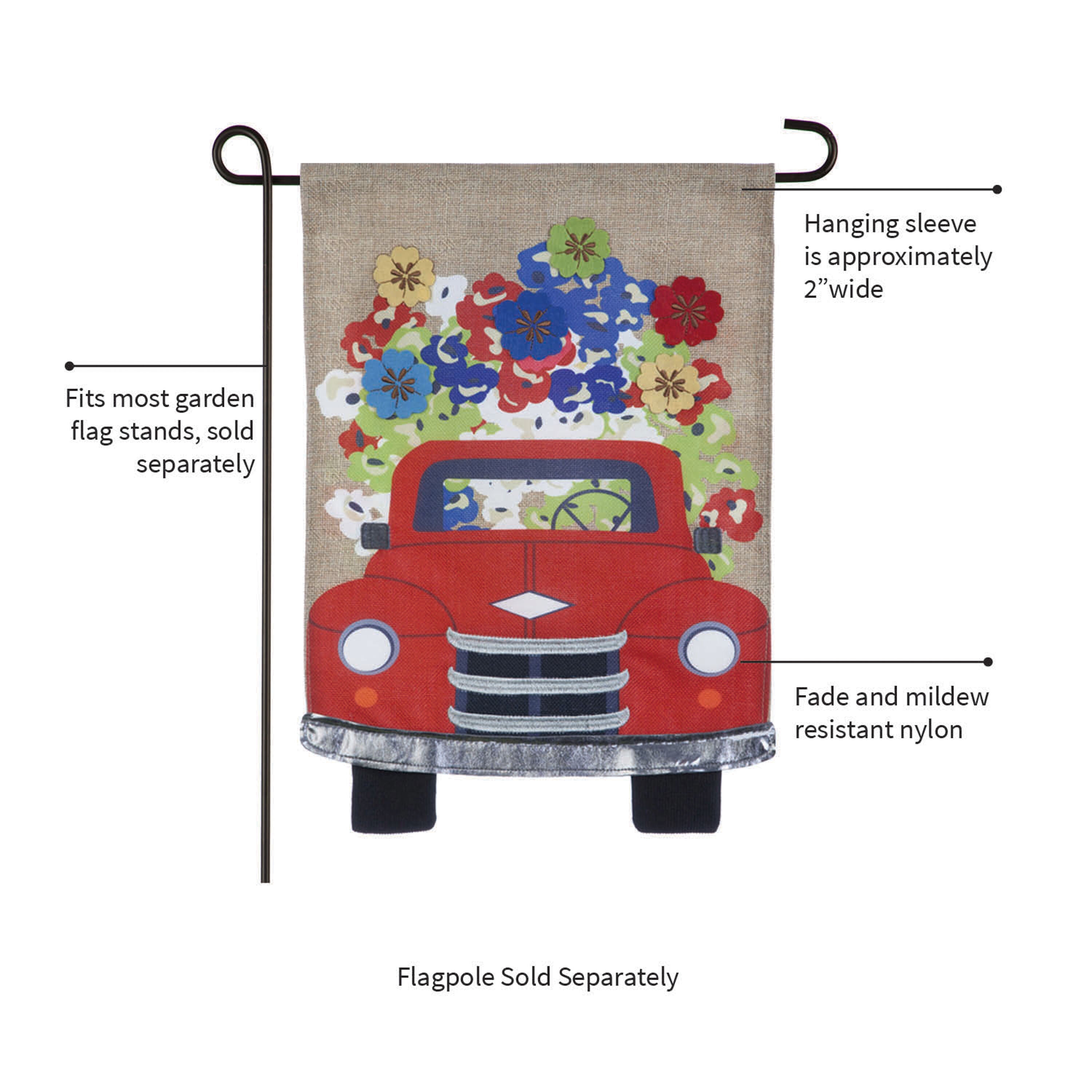 Burlap garden flag, Red Truck Flowers