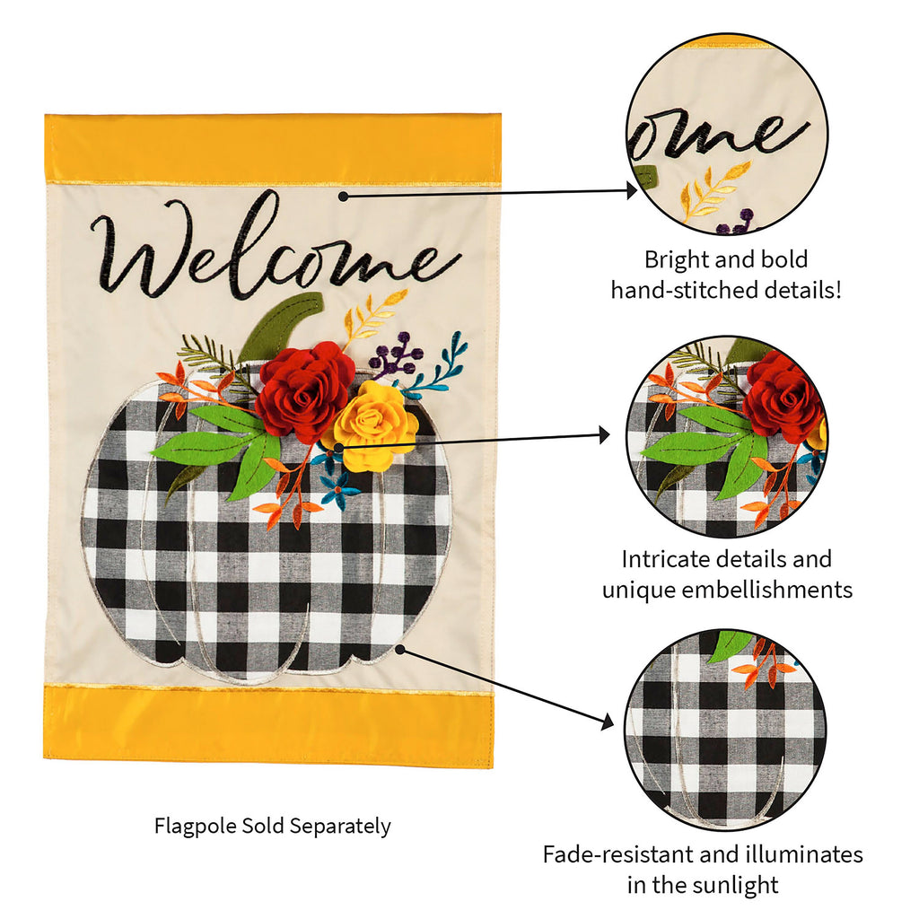 Welcome Floral Plaid Pumpkin Garden Applique Flag