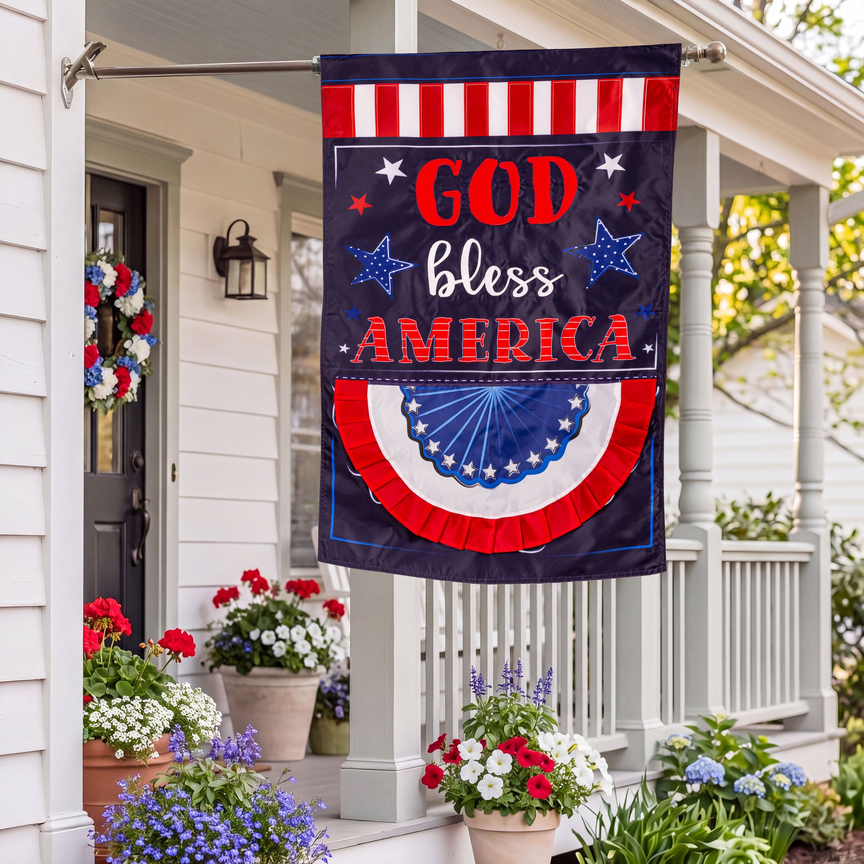 Patriotic God Bless America Applique House Flag