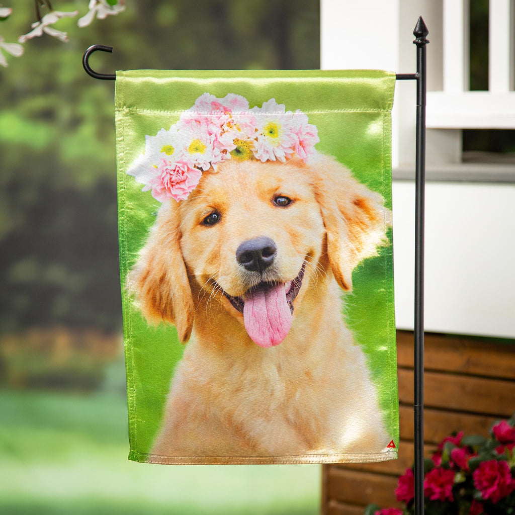 Golden Lab with Flower Crown Lustre Garden Flag