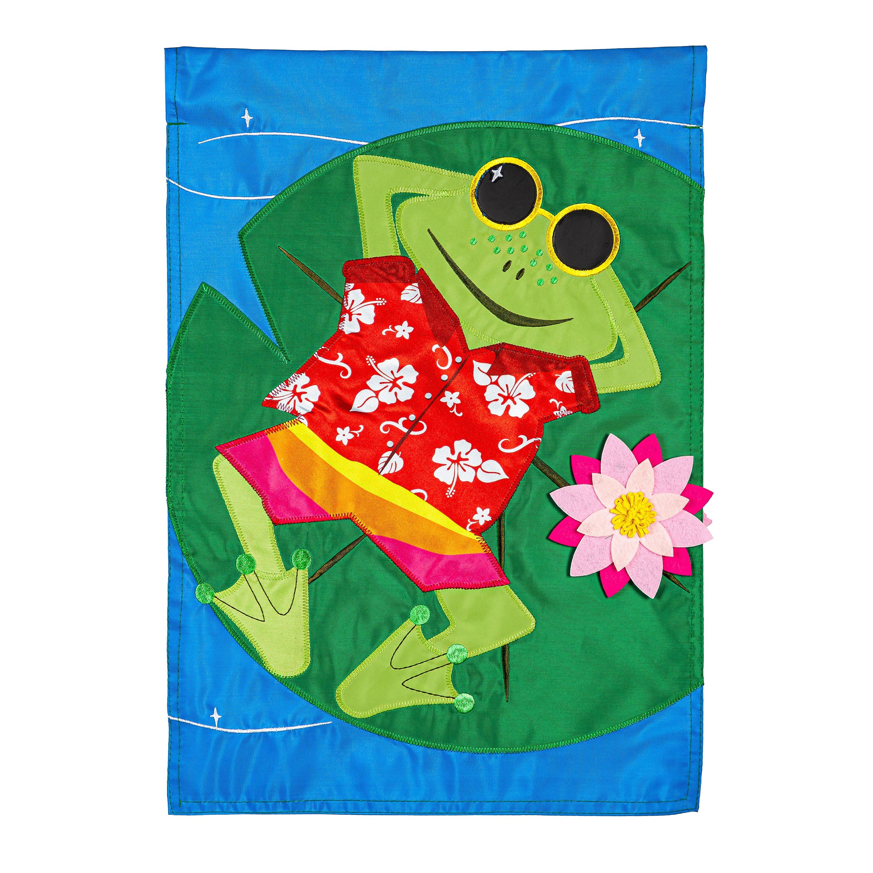 Frog's Summer Vacation Applique Garden Flag