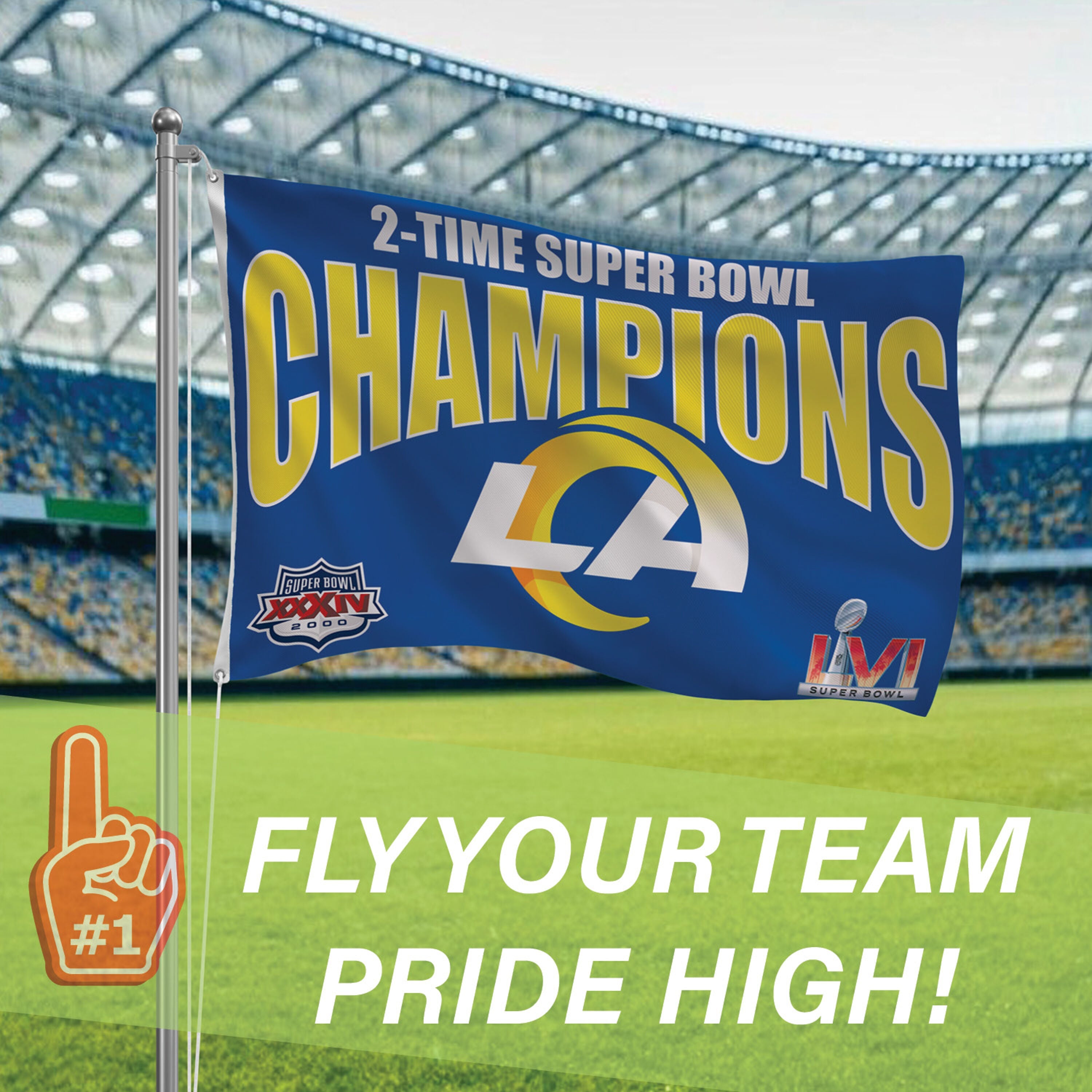 LA Rams, Super Bowl 2X Superbowl Champions, Football, 3x5 Flag