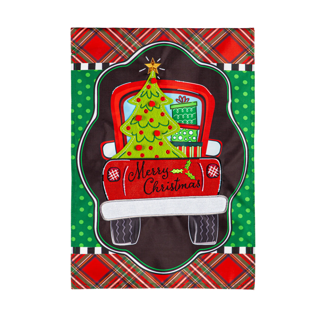 Patterned Christmas Truck Applique Garden Flag