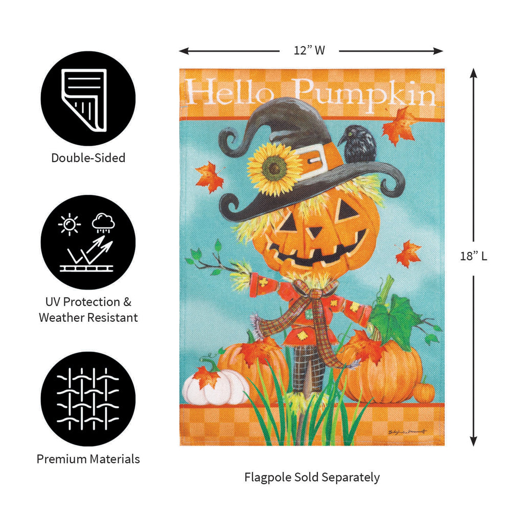 Hello Pumpkin Scarecrow Burlap Garden Flag