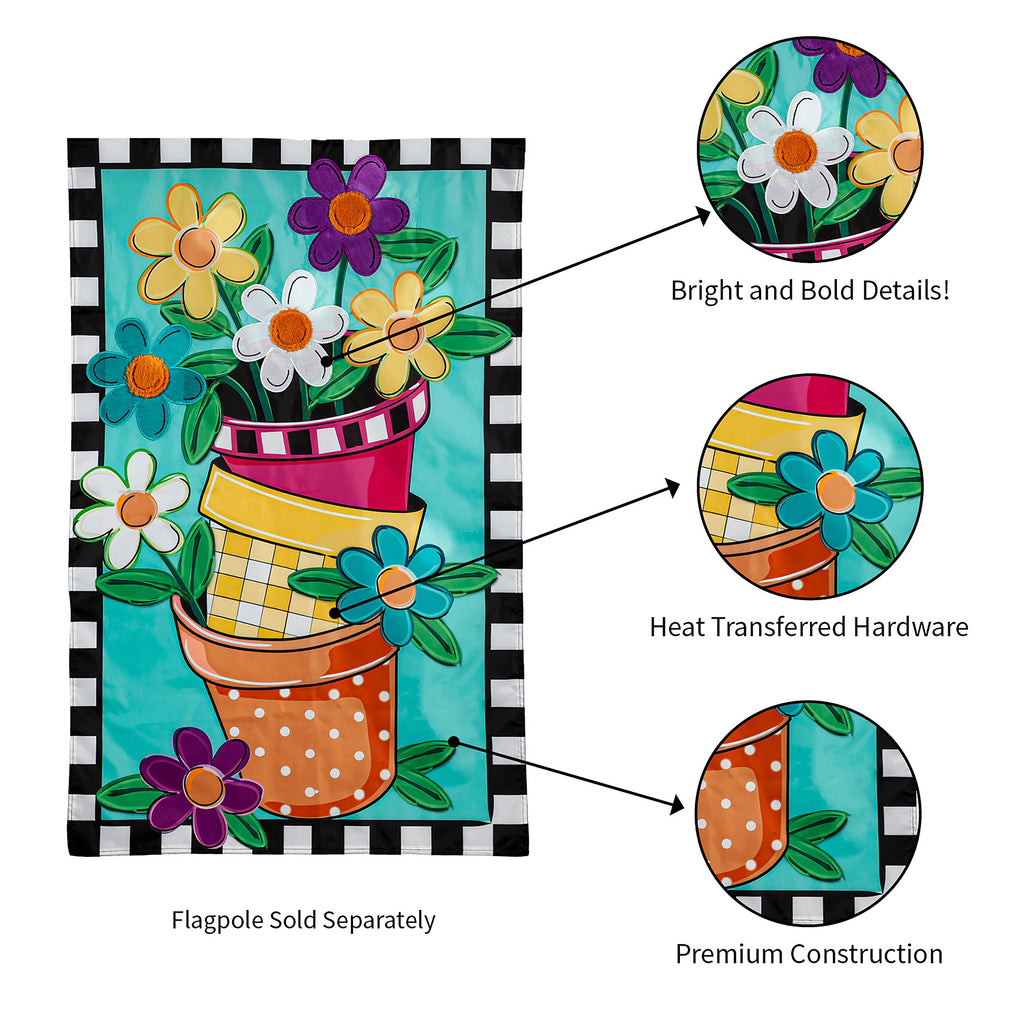 Stacked Spring Flower Pots House Applique Flag