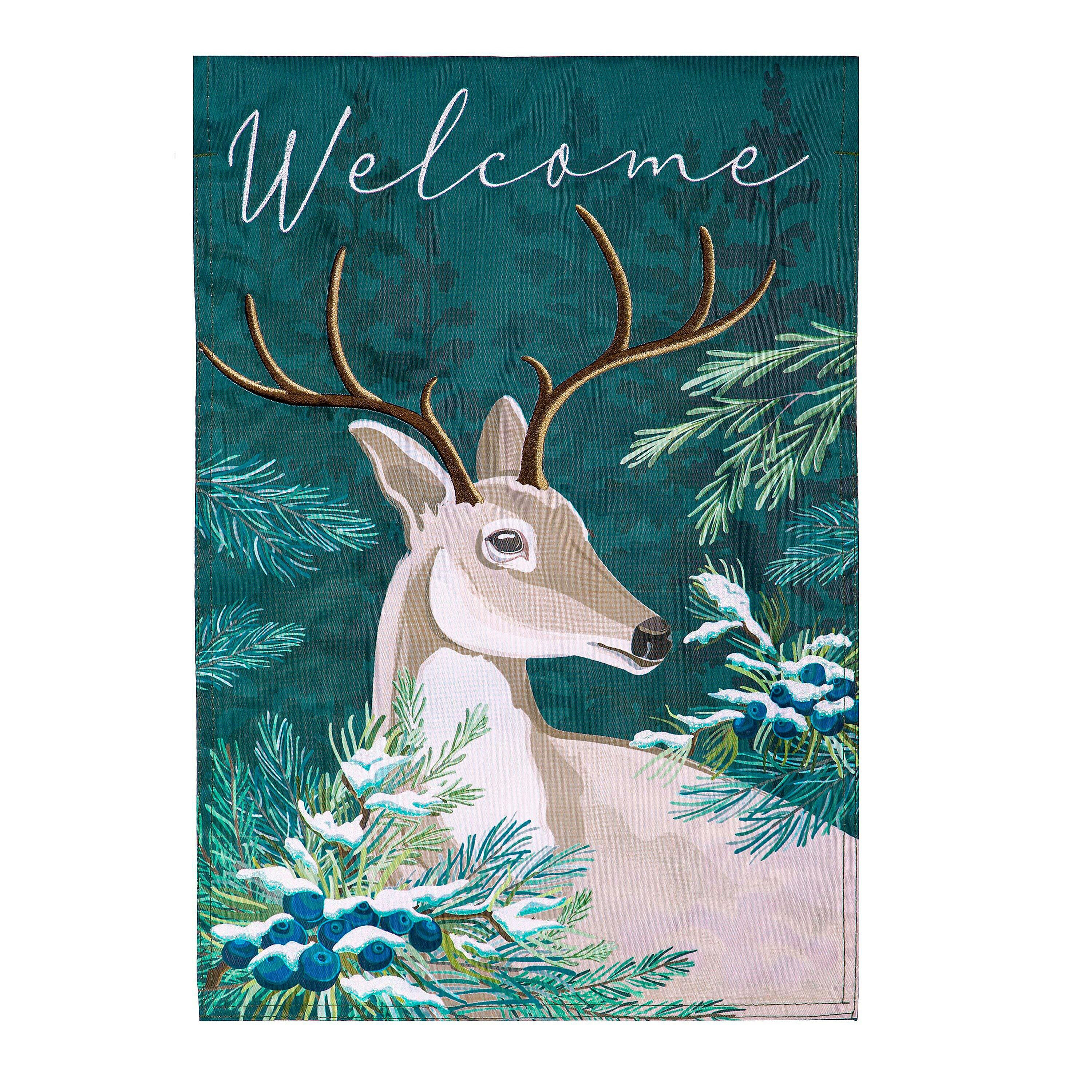 Woodland Deer Welcome Applique House Flag