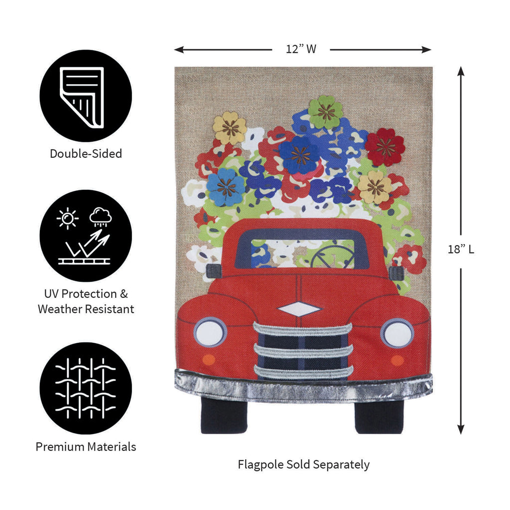 Burlap garden flag, Red Truck Flowers