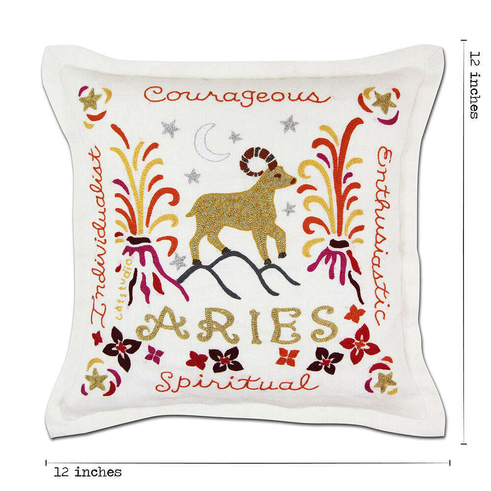 Aries Astrology Hand-Embroidered Pillow by Cat Studio