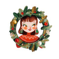 Christmas Girl w/ Wreath Brooch by Laliblue – Retro Kitschy Statement Brooch for Collectors