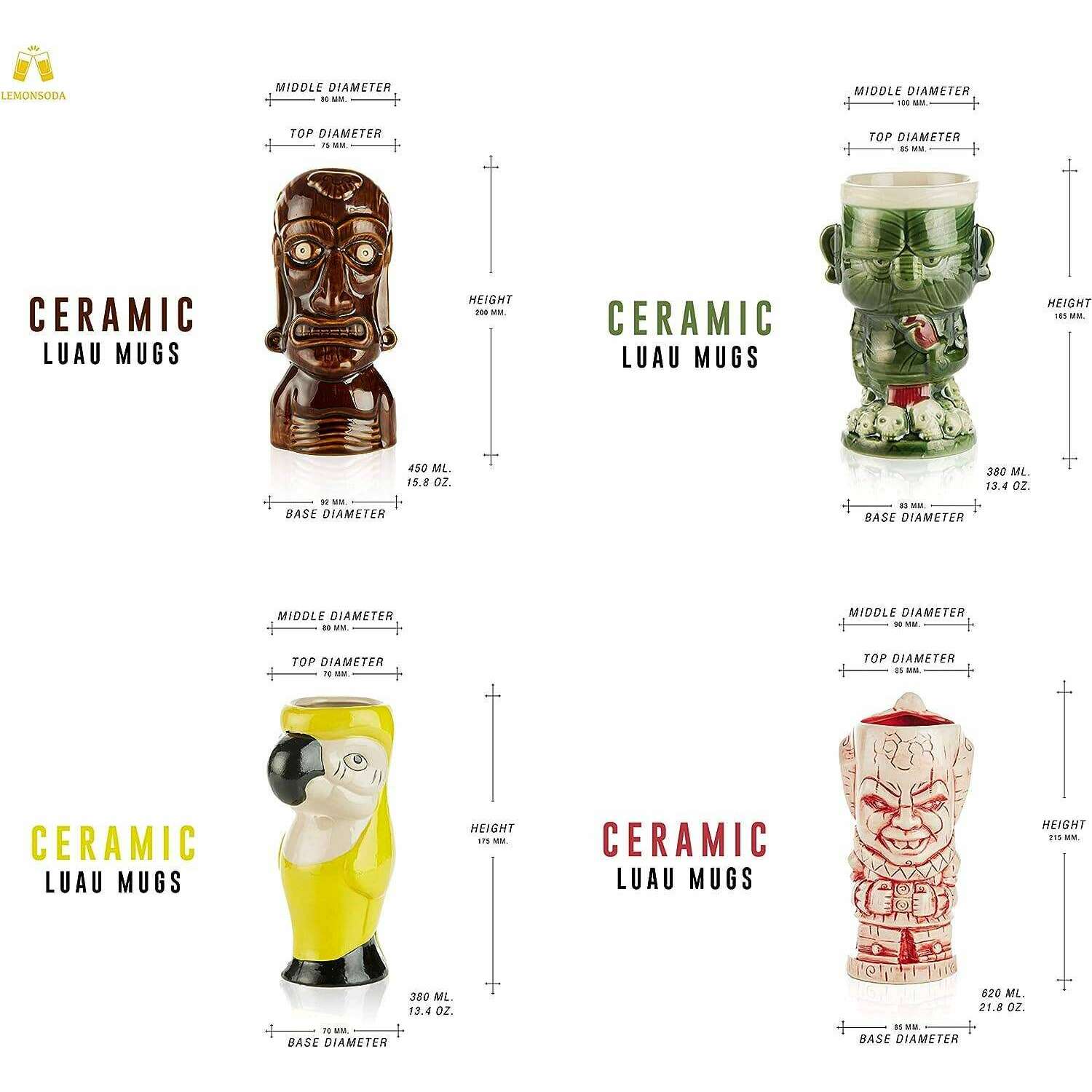 Ceramic Hawaiian Luau Tiki Mug Set of 4