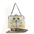 Dragonfly Embroidered Vintage-Style Kisslock Handbag : Beige