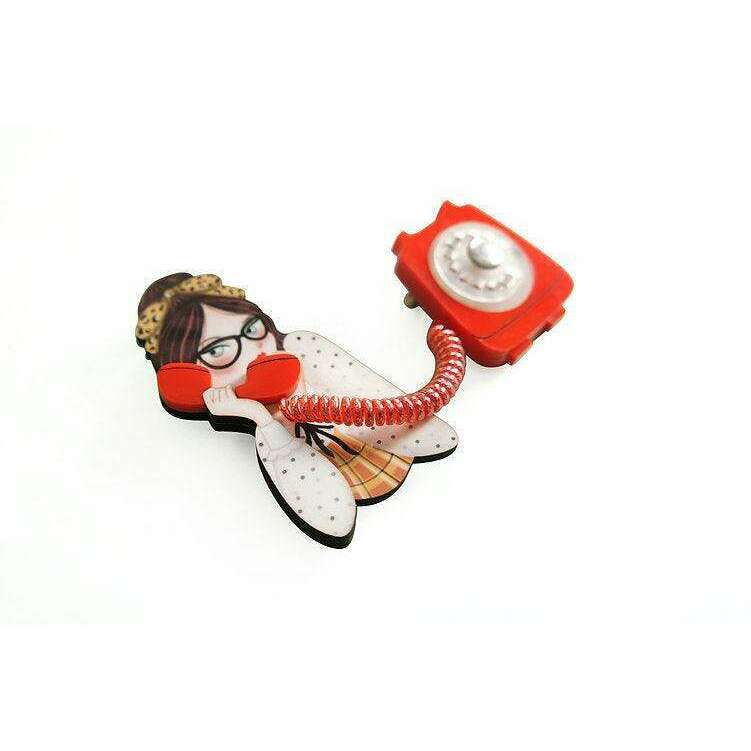 Girl with Phone Collar Clip Brooch by Laliblue